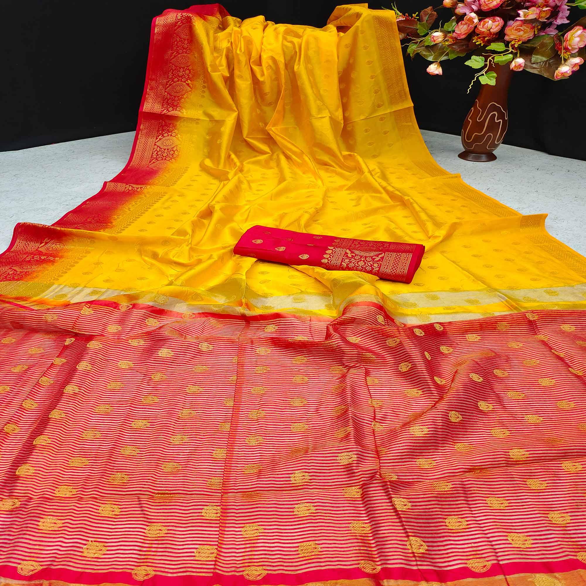 Yellow Festive Wear Woven Cotton Silk Saree - Peachmode