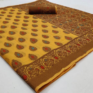 Yellow Festive Wear Woven Cotton Silk Saree - Peachmode