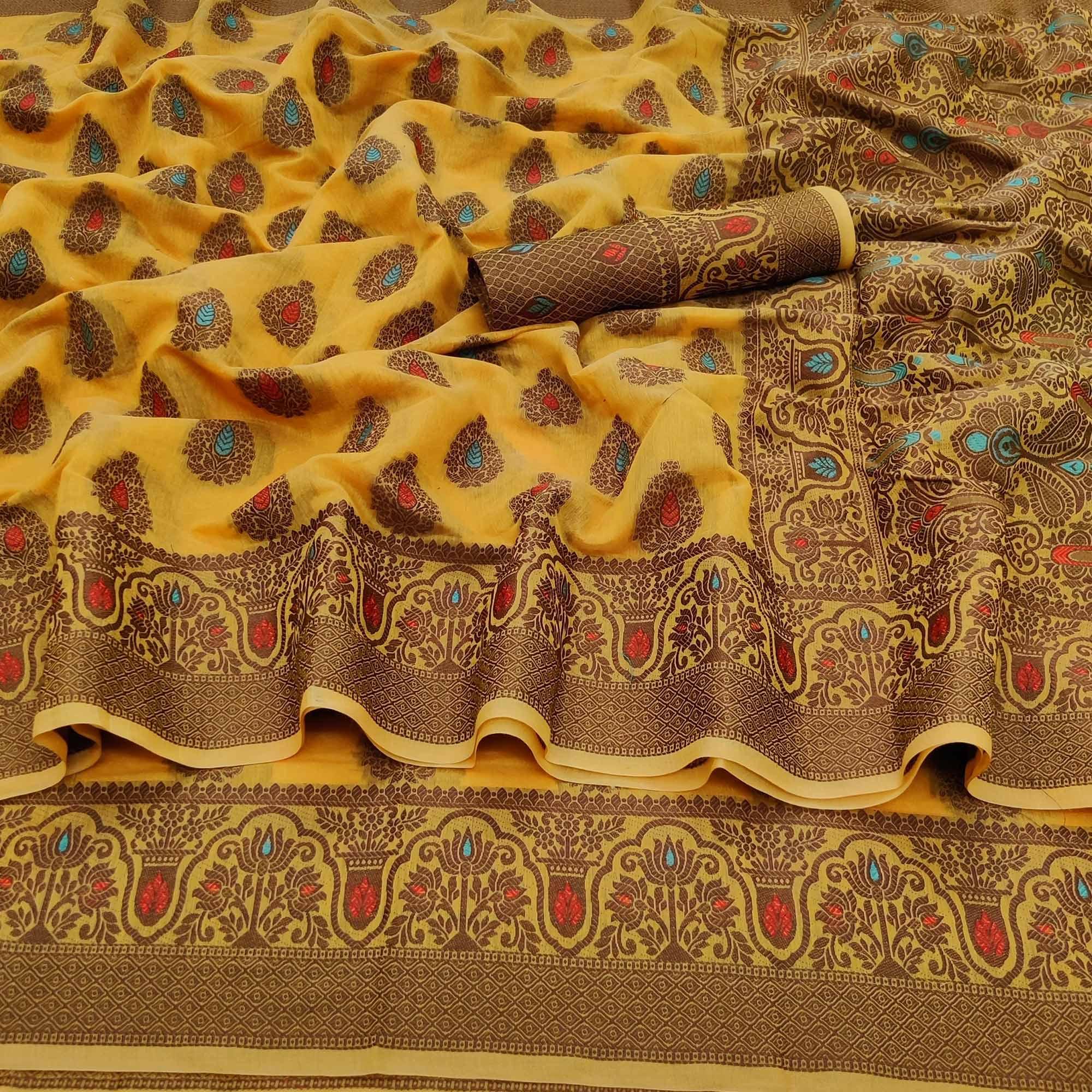 Yellow Festive Wear Woven Cotton Silk Saree - Peachmode