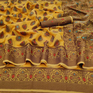Yellow Festive Wear Woven Cotton Silk Saree - Peachmode