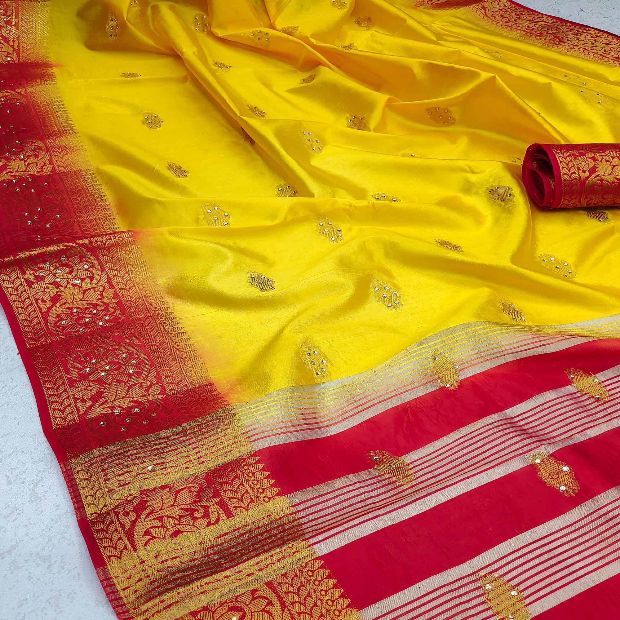 Yellow Festive Wear Woven Cotton Silk Saree - Peachmode