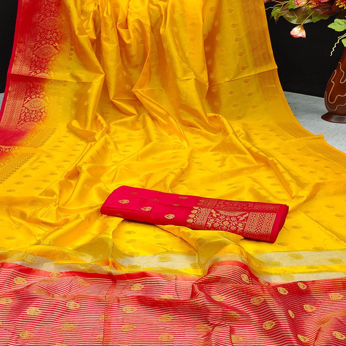 Yellow Festive Wear Woven Cotton Silk Saree - Peachmode