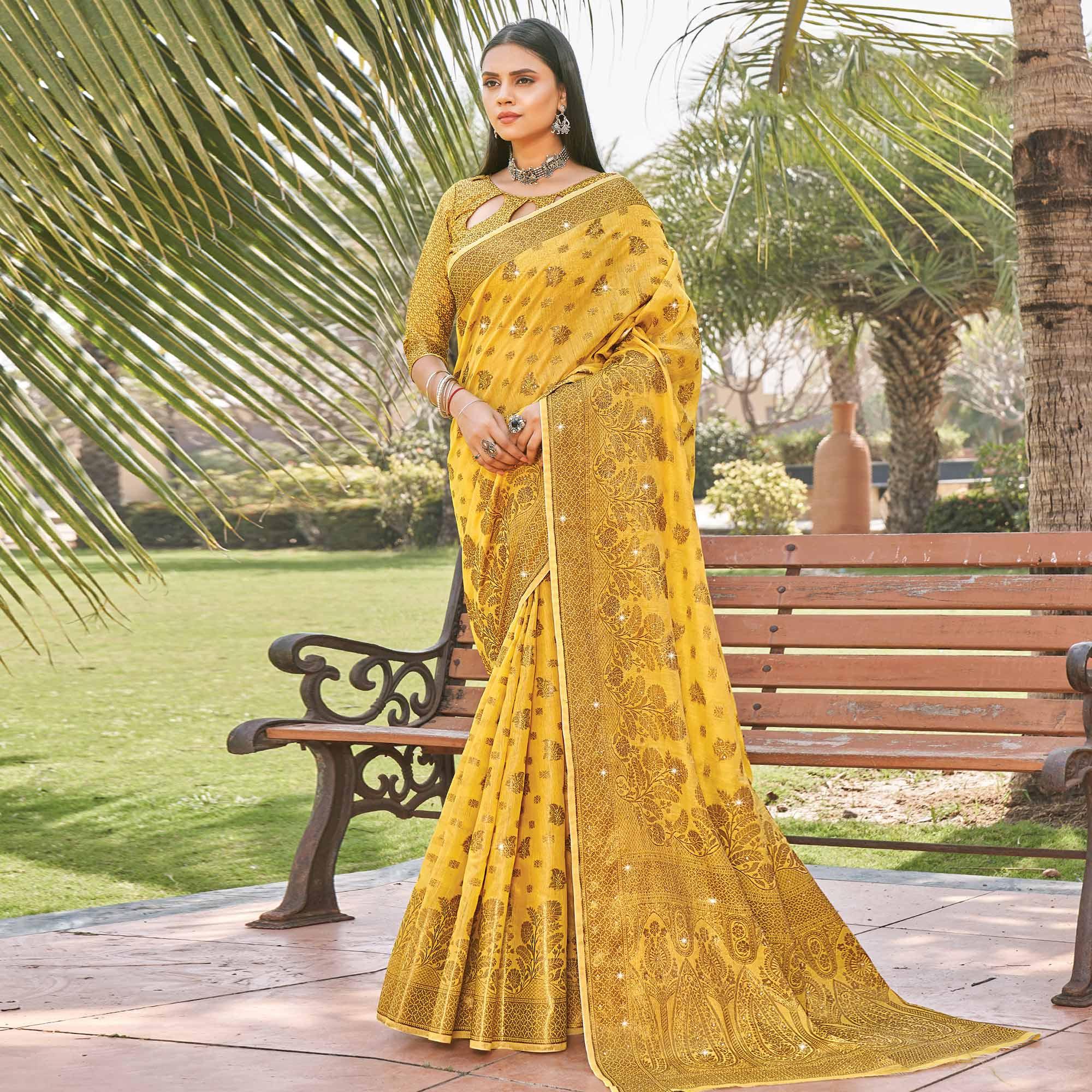 Yellow Festive Wear Woven-Embellished Cotton Saree - Peachmode