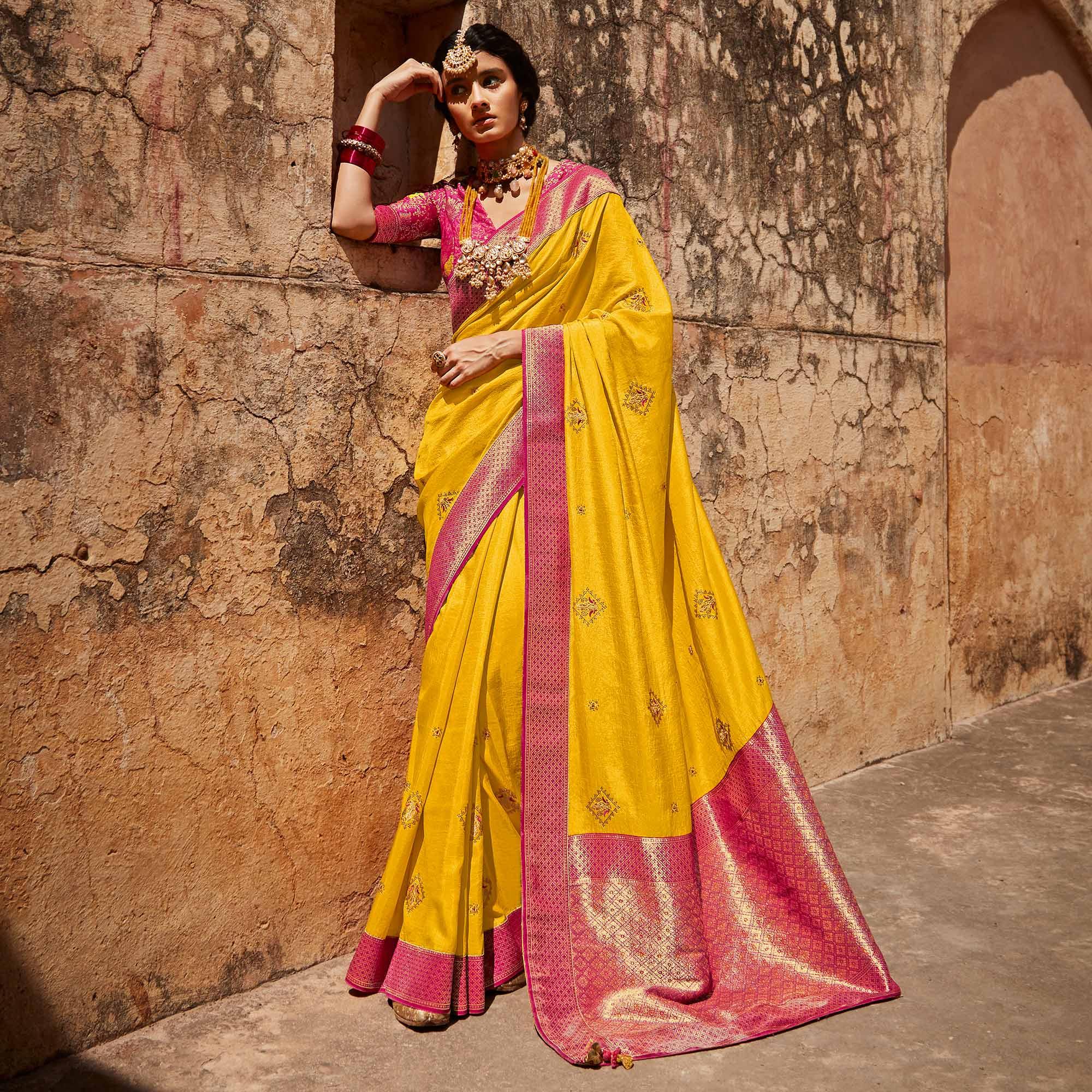 Yellow Festive Wear Woven-Embroidered Silk Saree - Peachmode