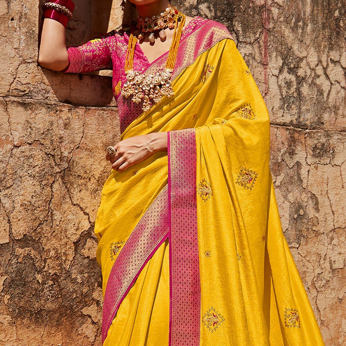 Yellow Festive Wear Woven-Embroidered Silk Saree - Peachmode