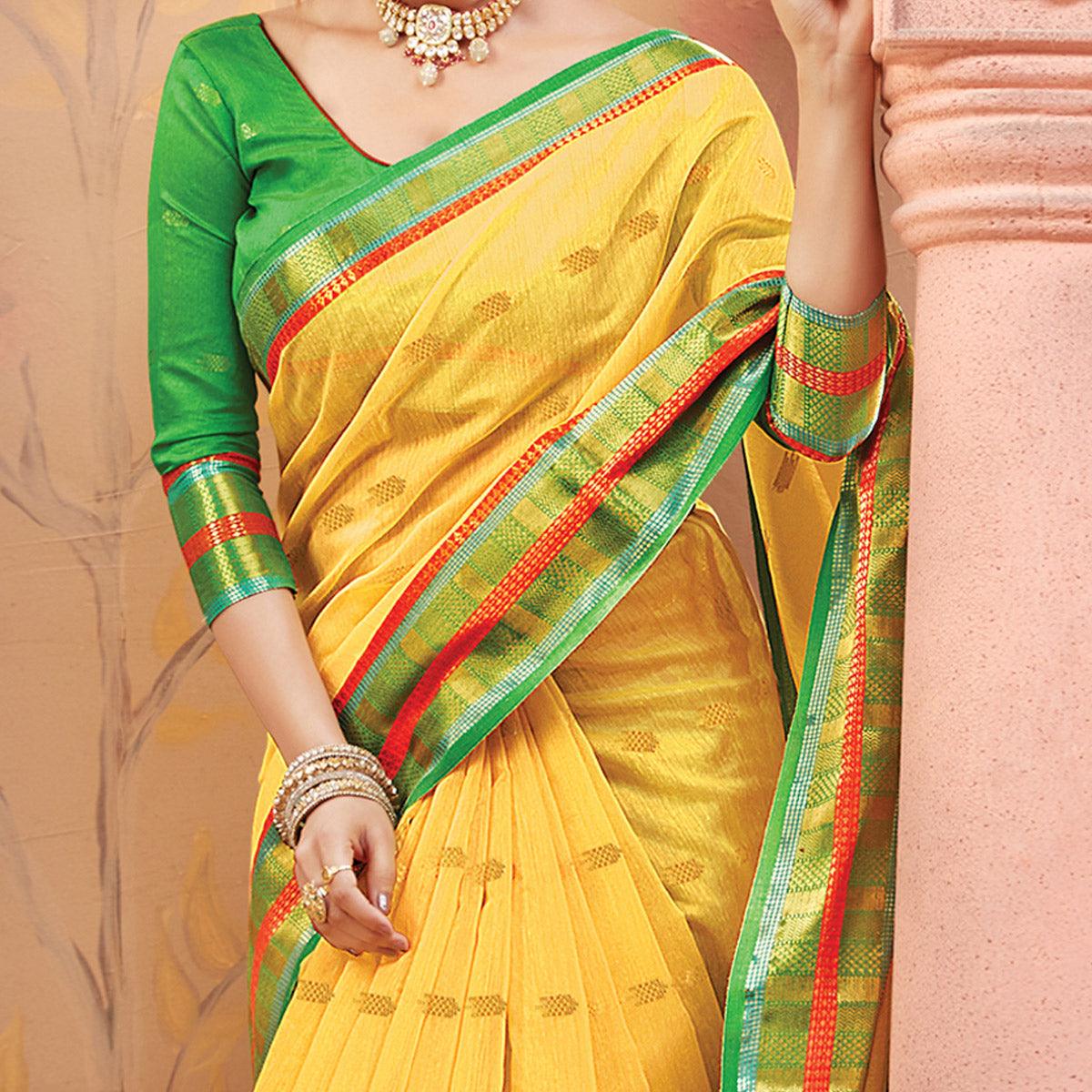 Yellow Festive Wear Woven Handloom Silk Saree - Peachmode