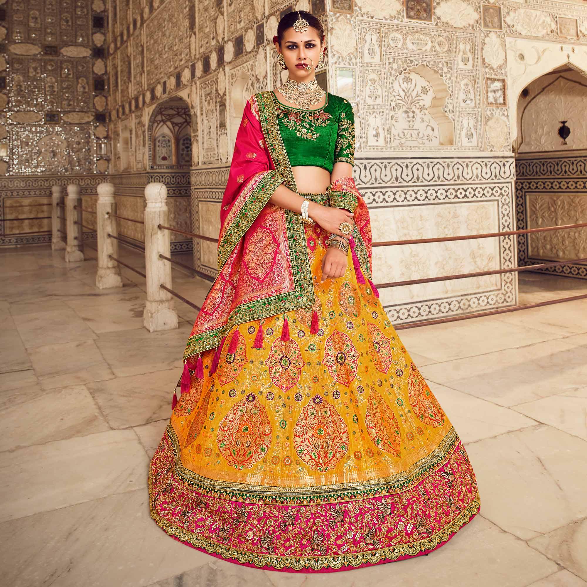 Yellow Festive Wear Woven Heavy Banarasi Silk Lehenga Choli - Peachmode