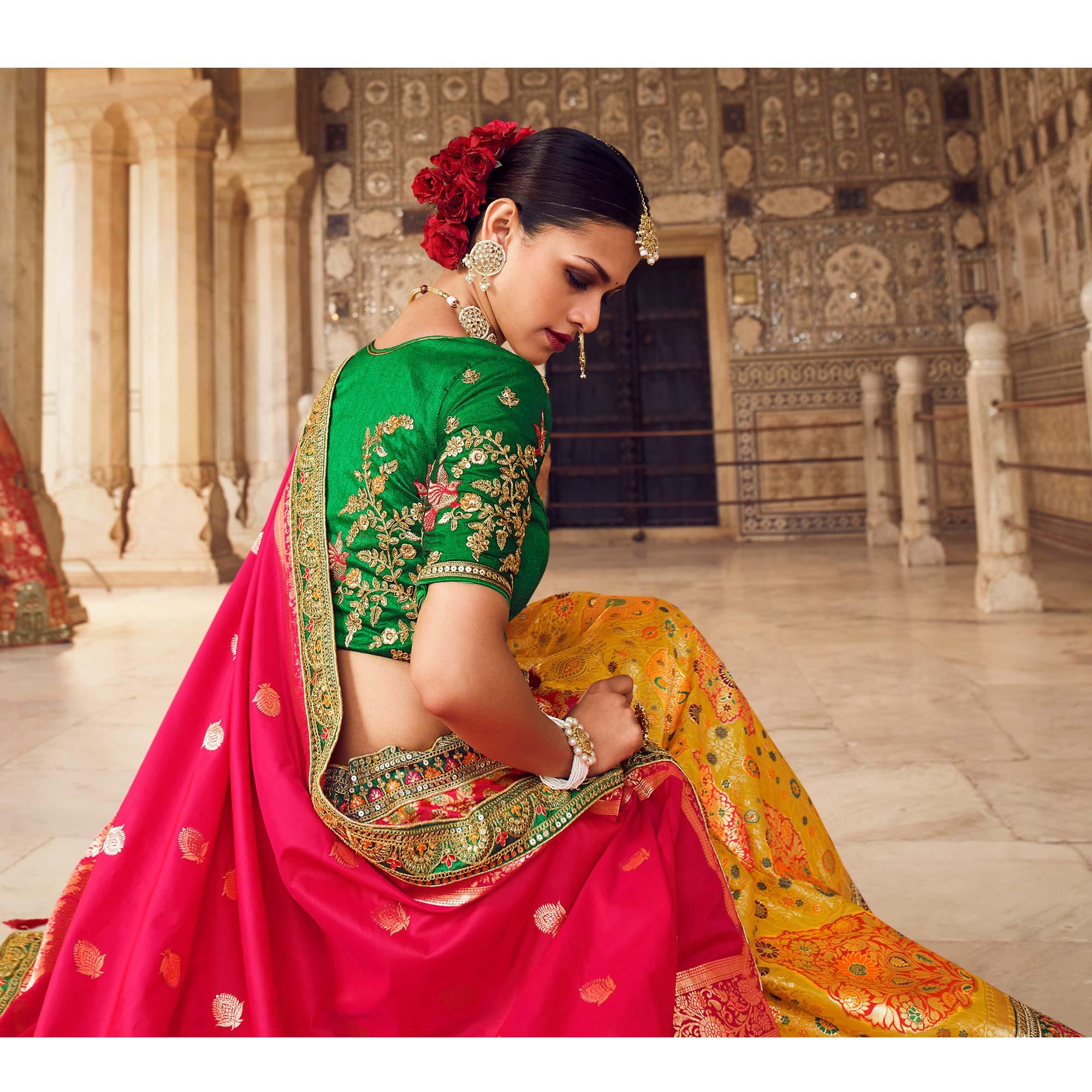 Yellow Festive Wear Woven Heavy Banarasi Silk Lehenga Choli - Peachmode