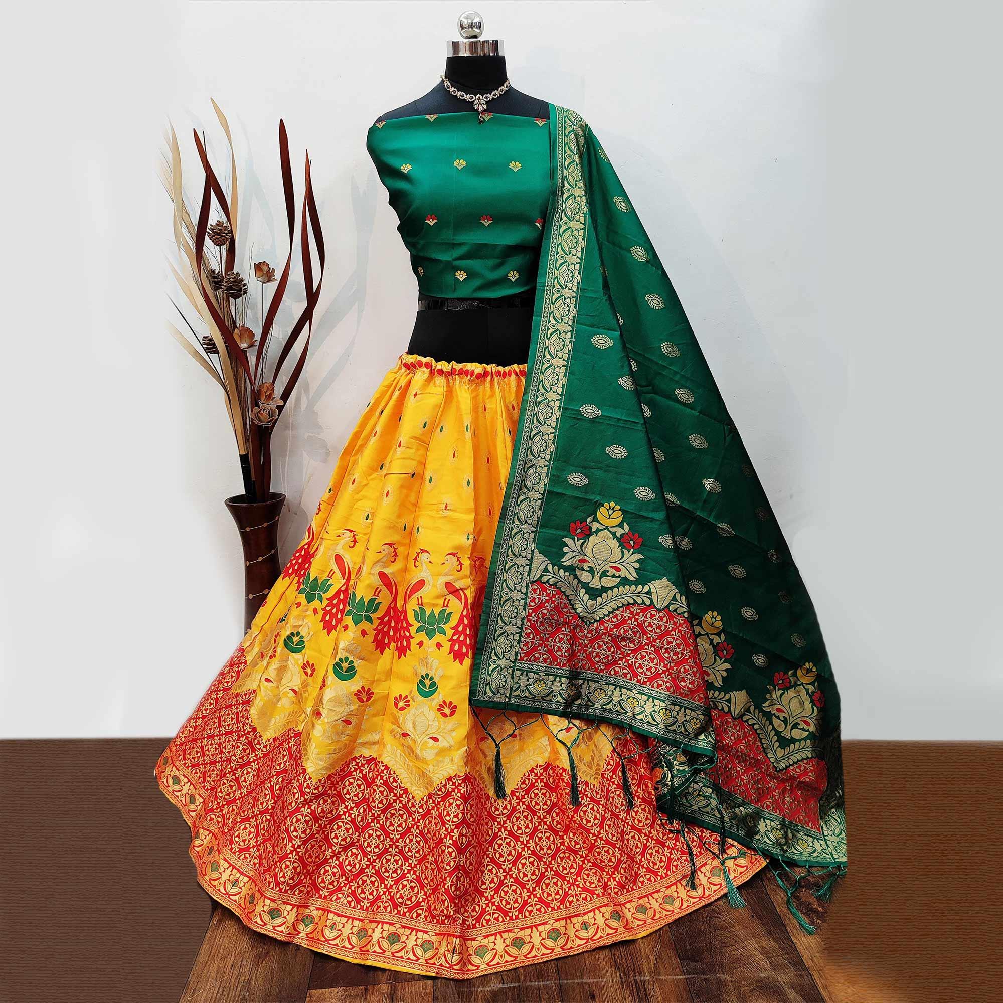 Yellow Festive Wear Woven Heavy Brocade Lehenga Choli - Peachmode