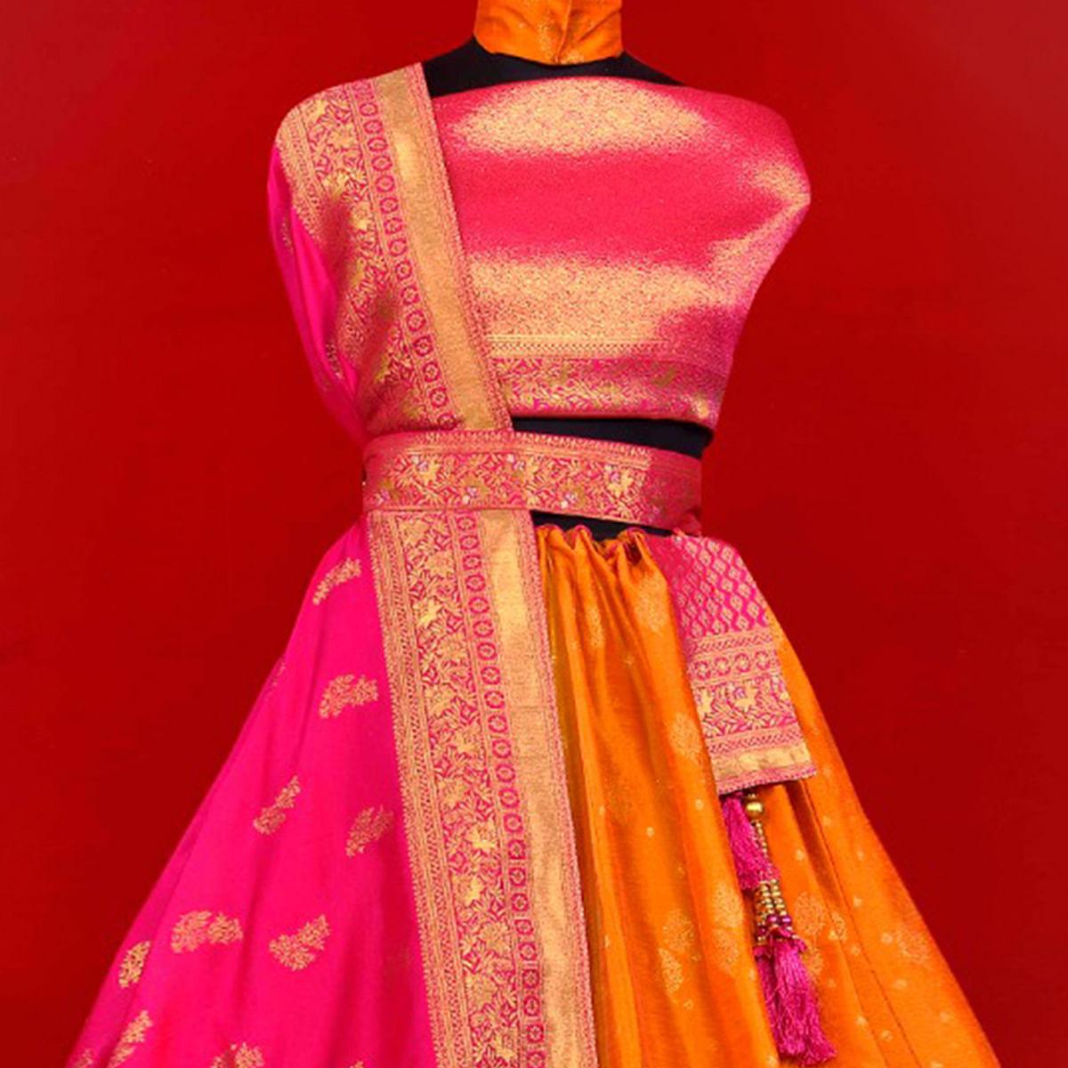 Yellow Festive Wear Woven Jacquard Lehenga Choli - Peachmode