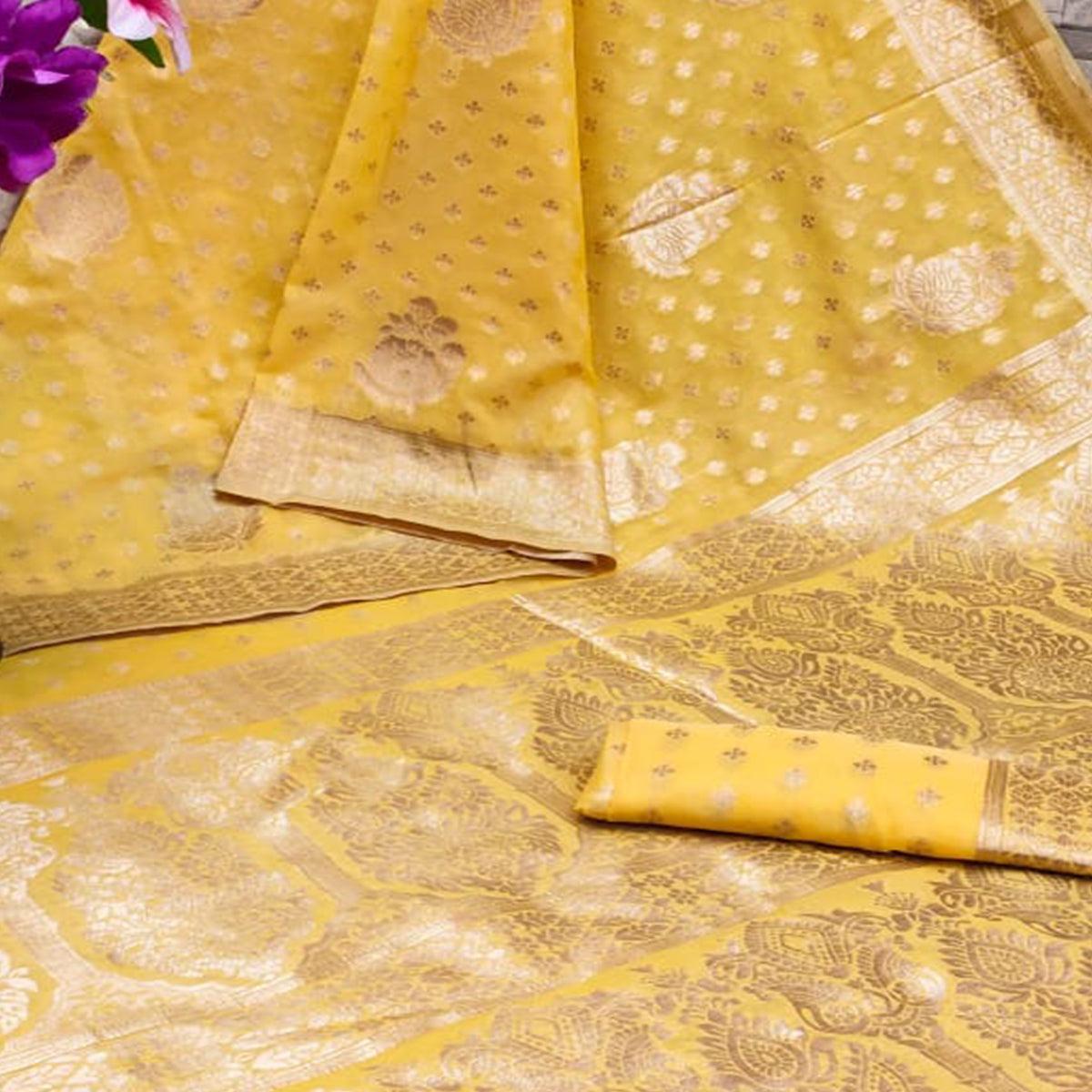 Yellow Festive Wear Woven Jacquard Silk Saree - Peachmode