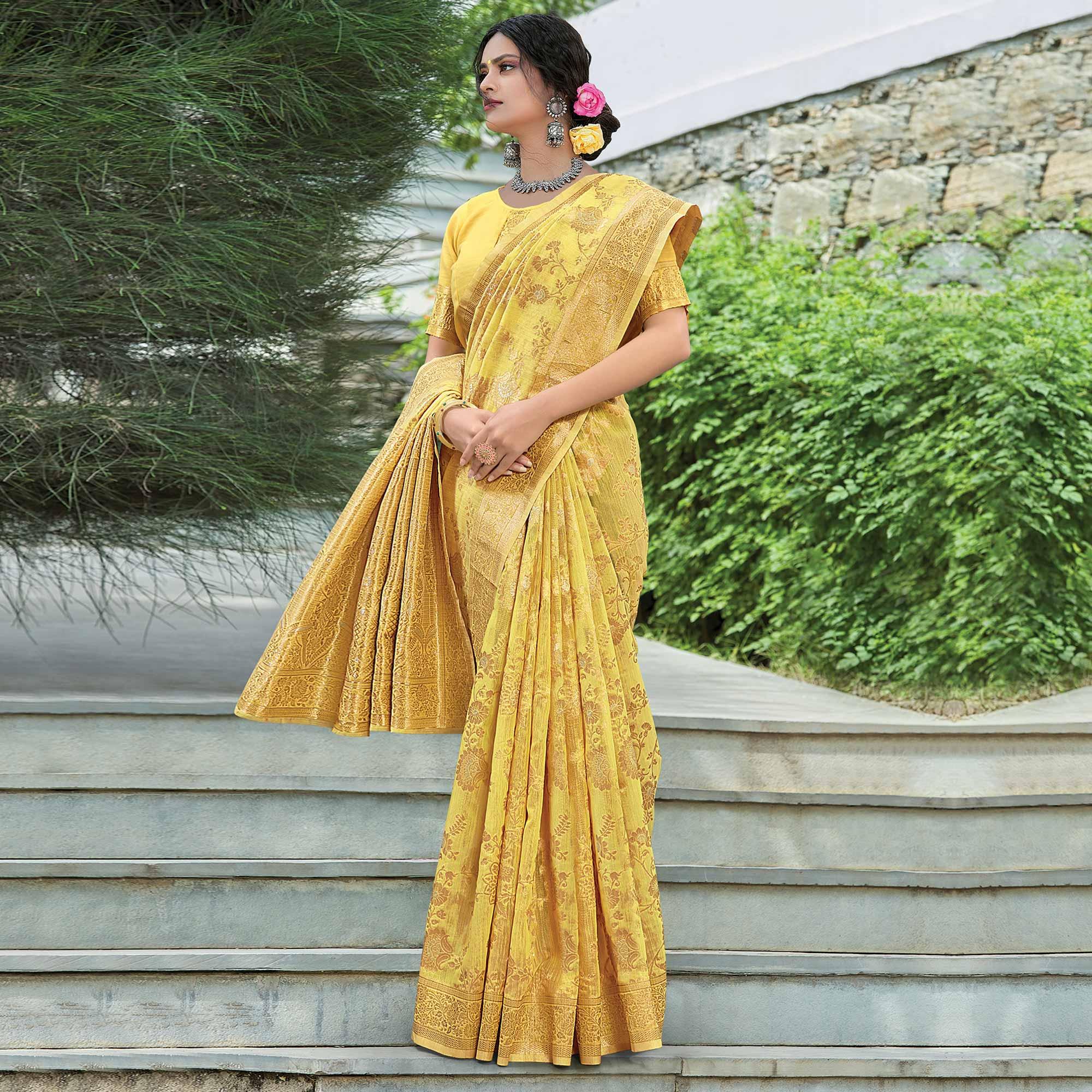 Yellow Festive Wear Woven Linen Saree - Peachmode