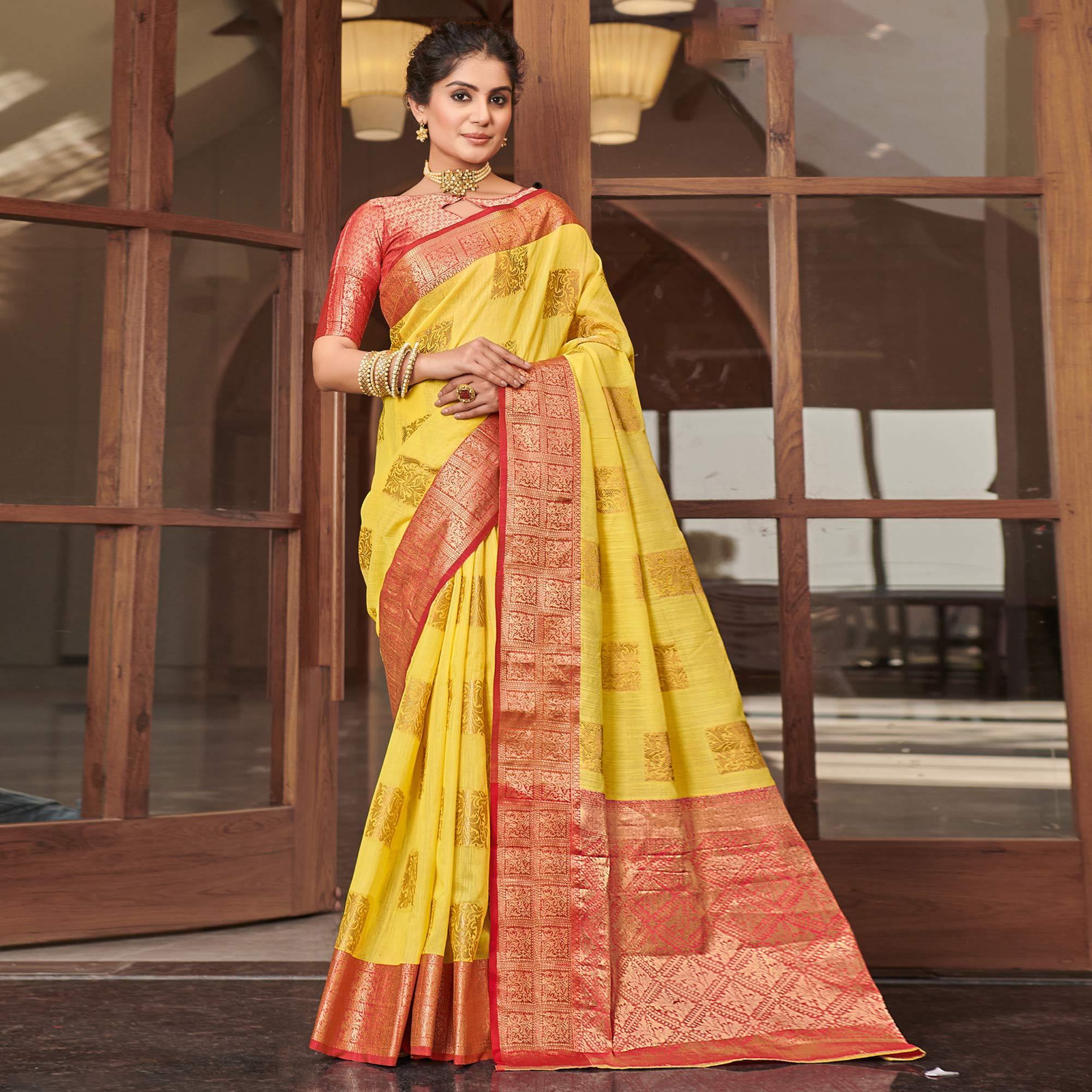 Yellow Festive Wear Woven Linen Saree - Peachmode