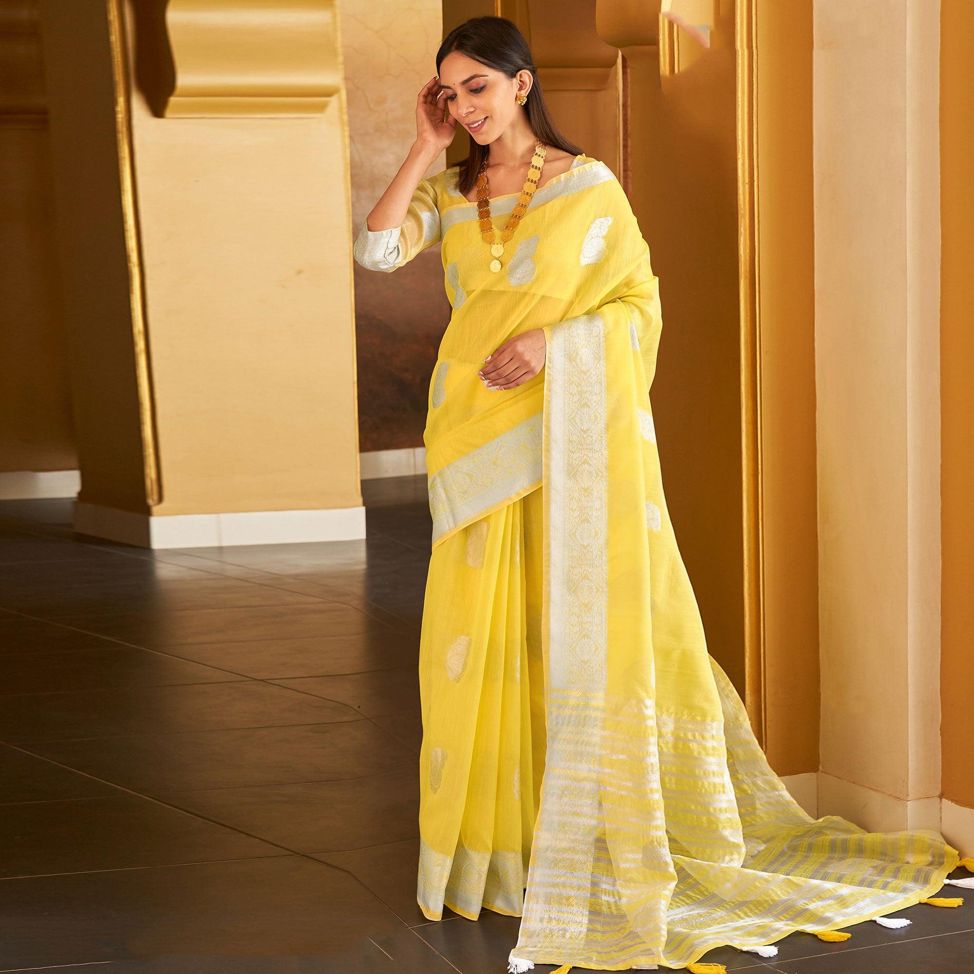 Yellow Festive Wear Woven Linen Saree - Peachmode