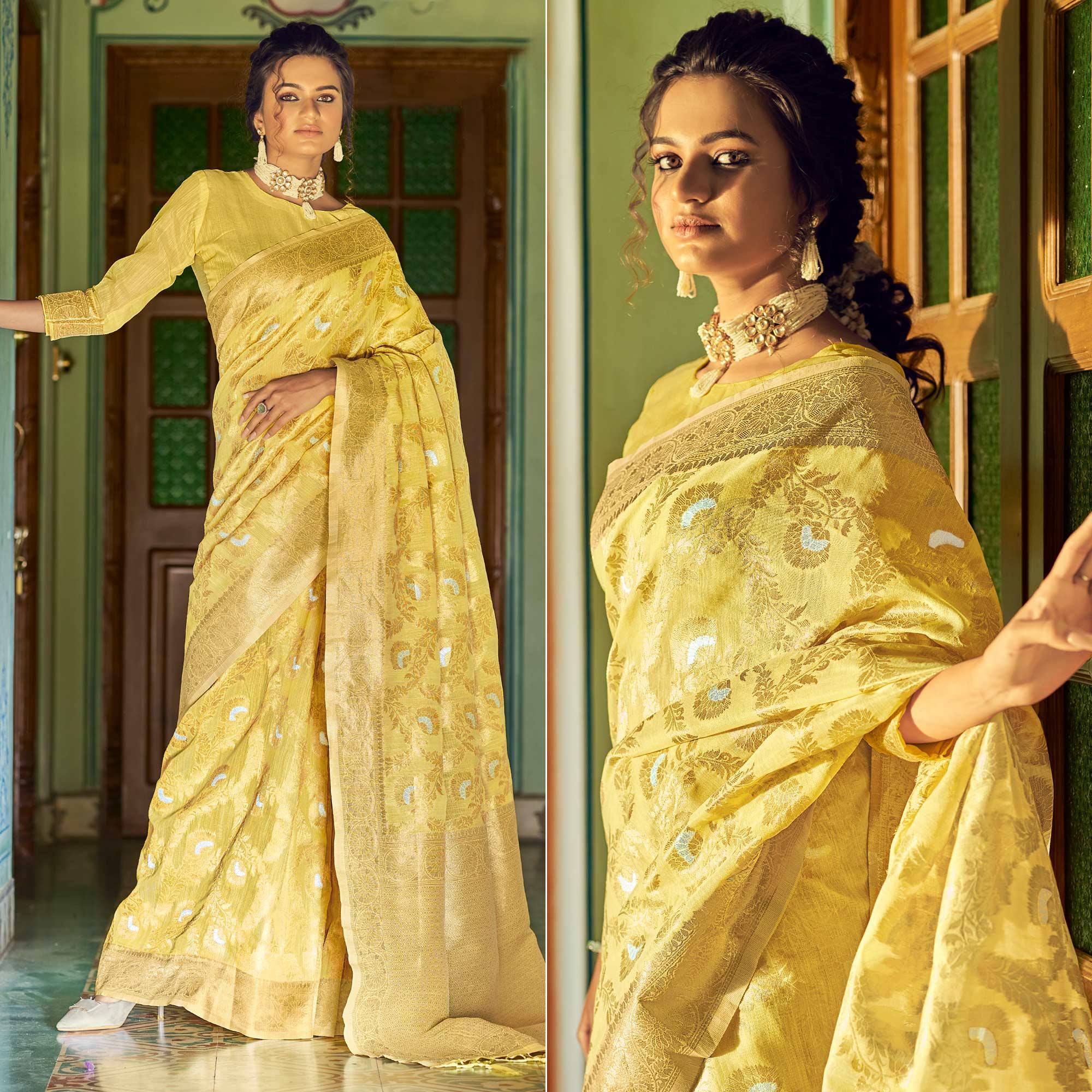 Yellow Festive Wear Woven Linen Saree - Peachmode