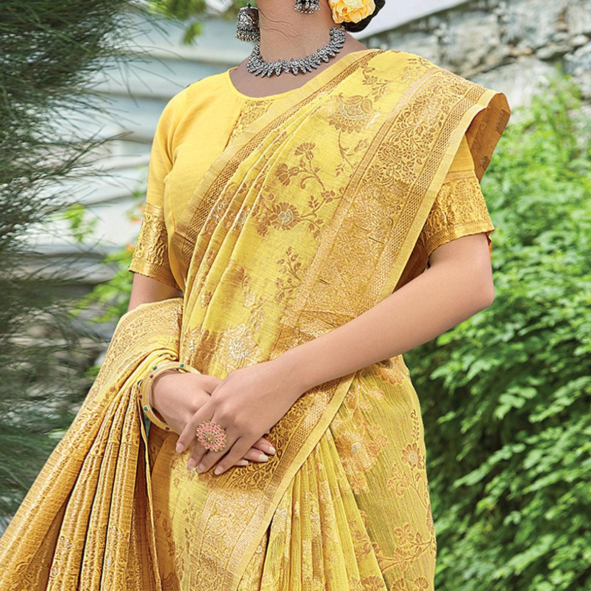 Yellow Festive Wear Woven Linen Saree - Peachmode
