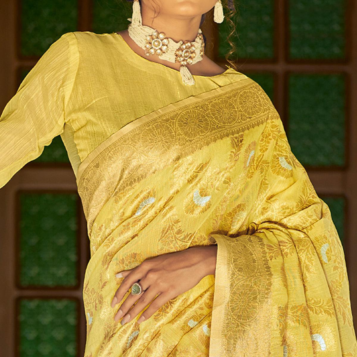Yellow Festive Wear Woven Linen Saree - Peachmode