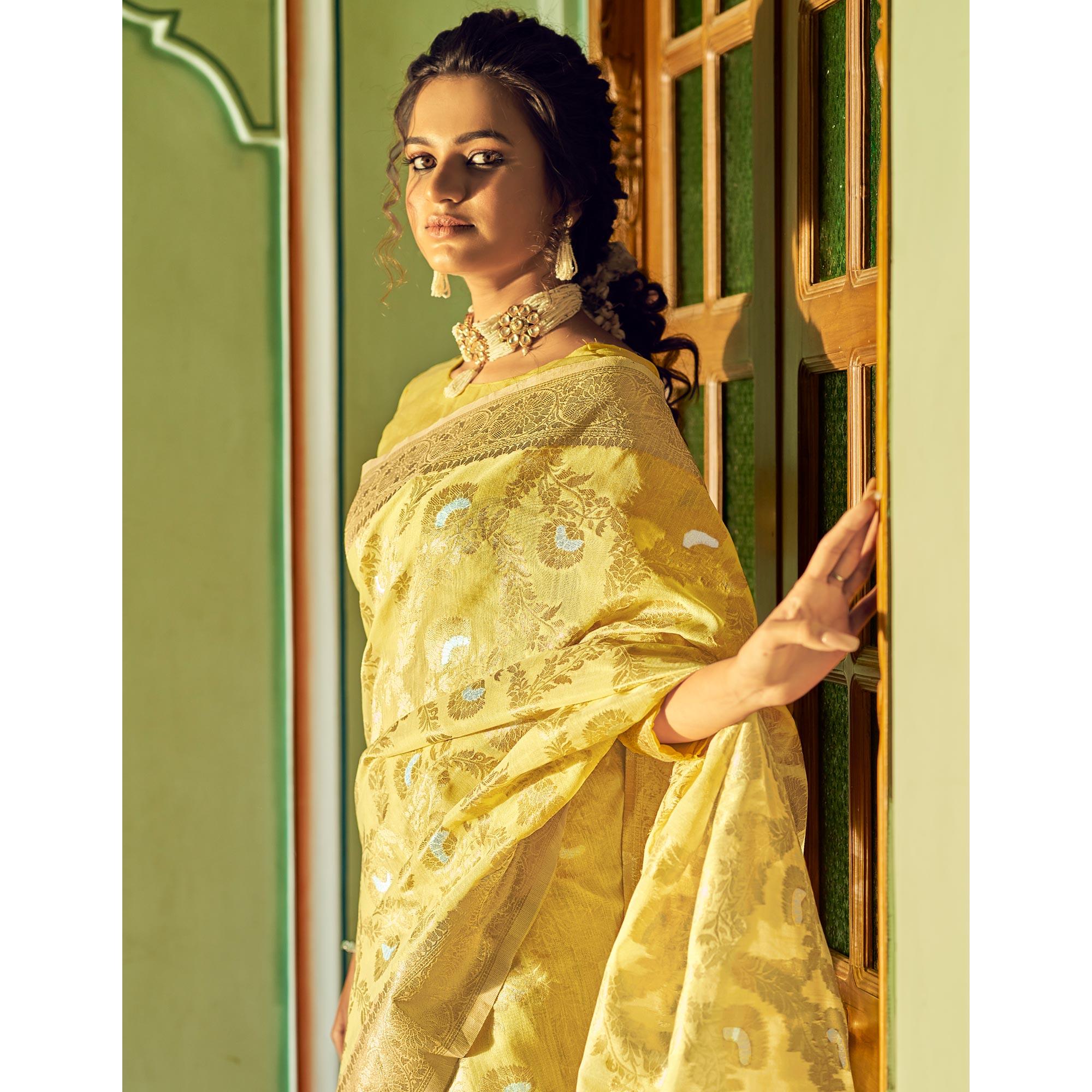 Yellow Festive Wear Woven Linen Saree - Peachmode