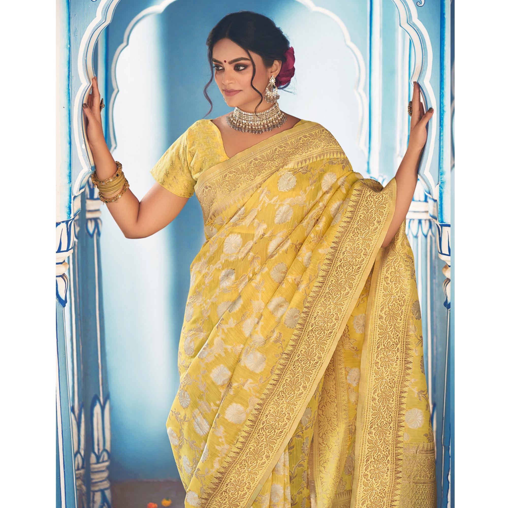Yellow Festive Wear Woven Linen Saree - Peachmode