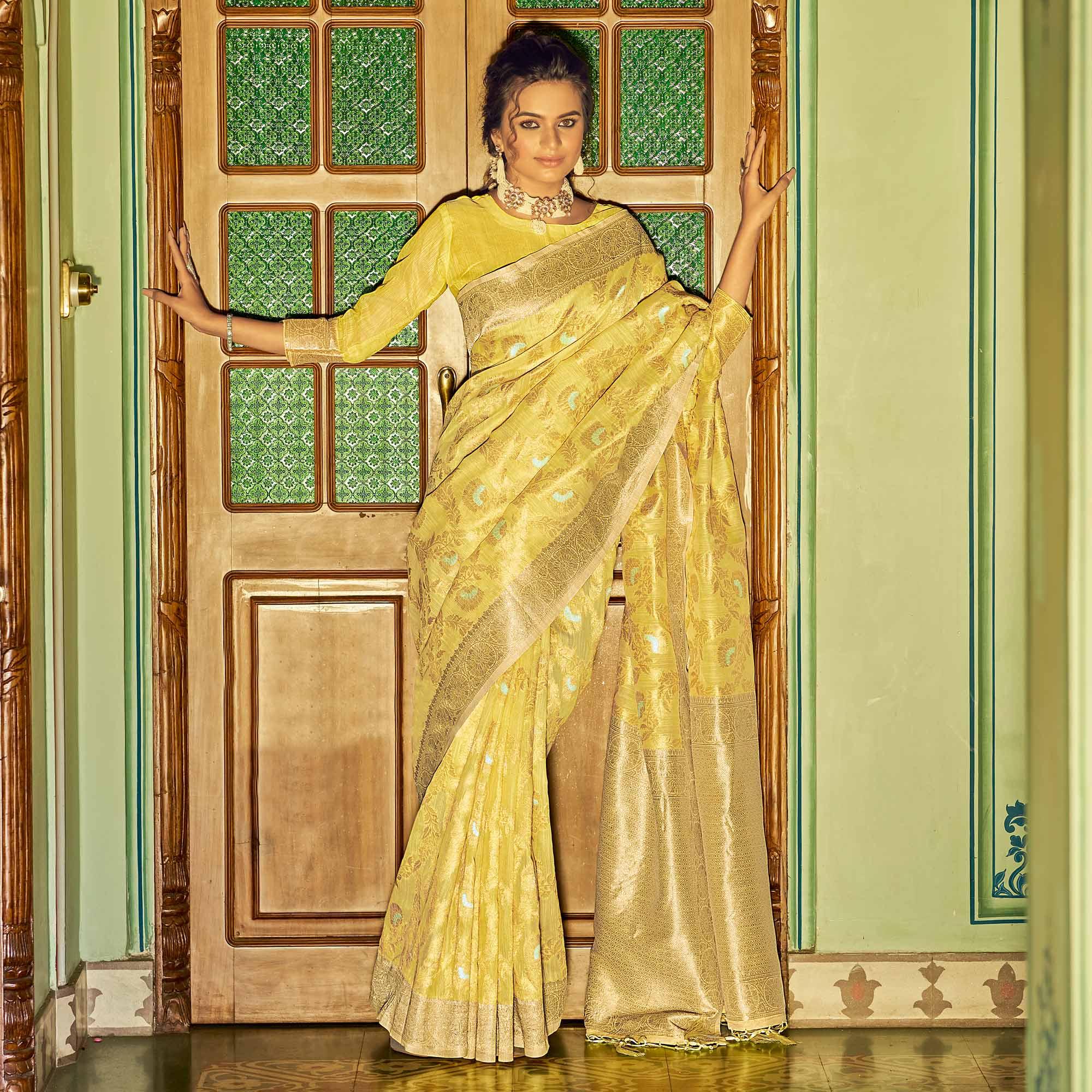 Yellow Festive Wear Woven Linen Saree - Peachmode