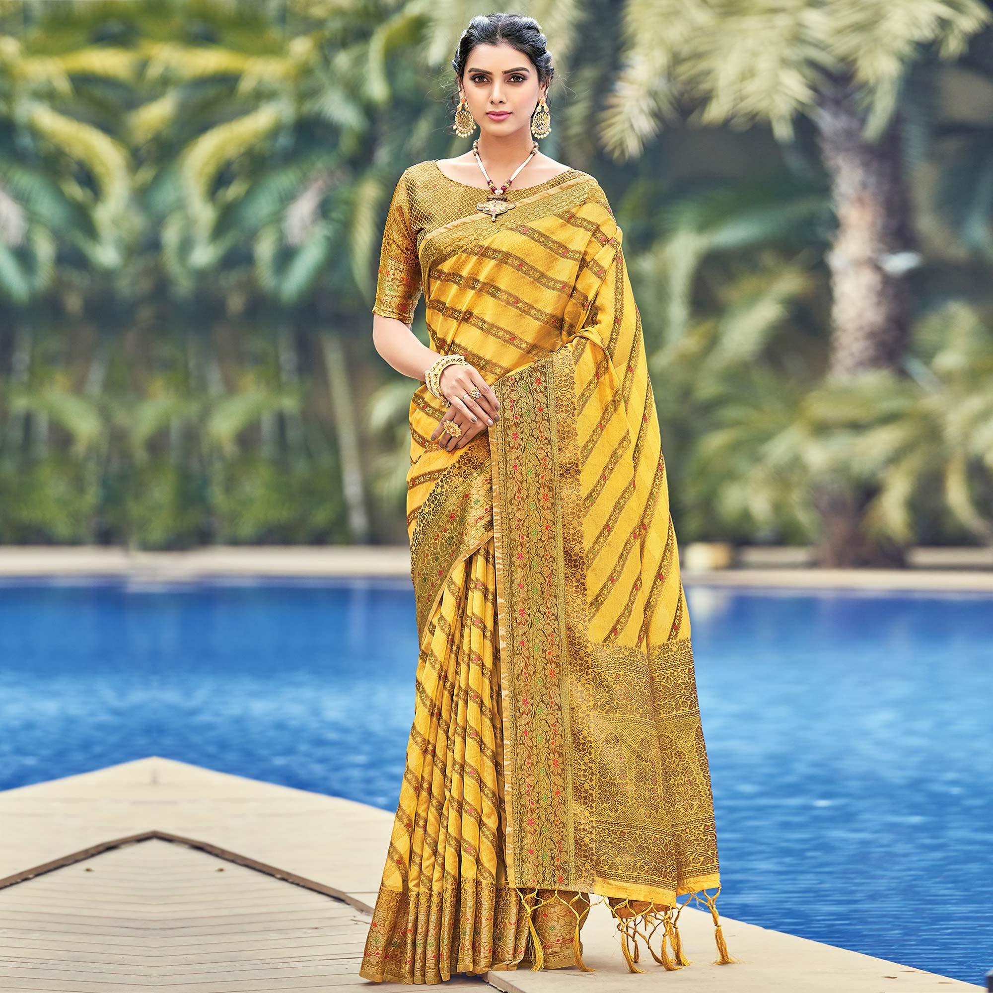 Yellow Festive Wear Woven Organza Saree - Peachmode