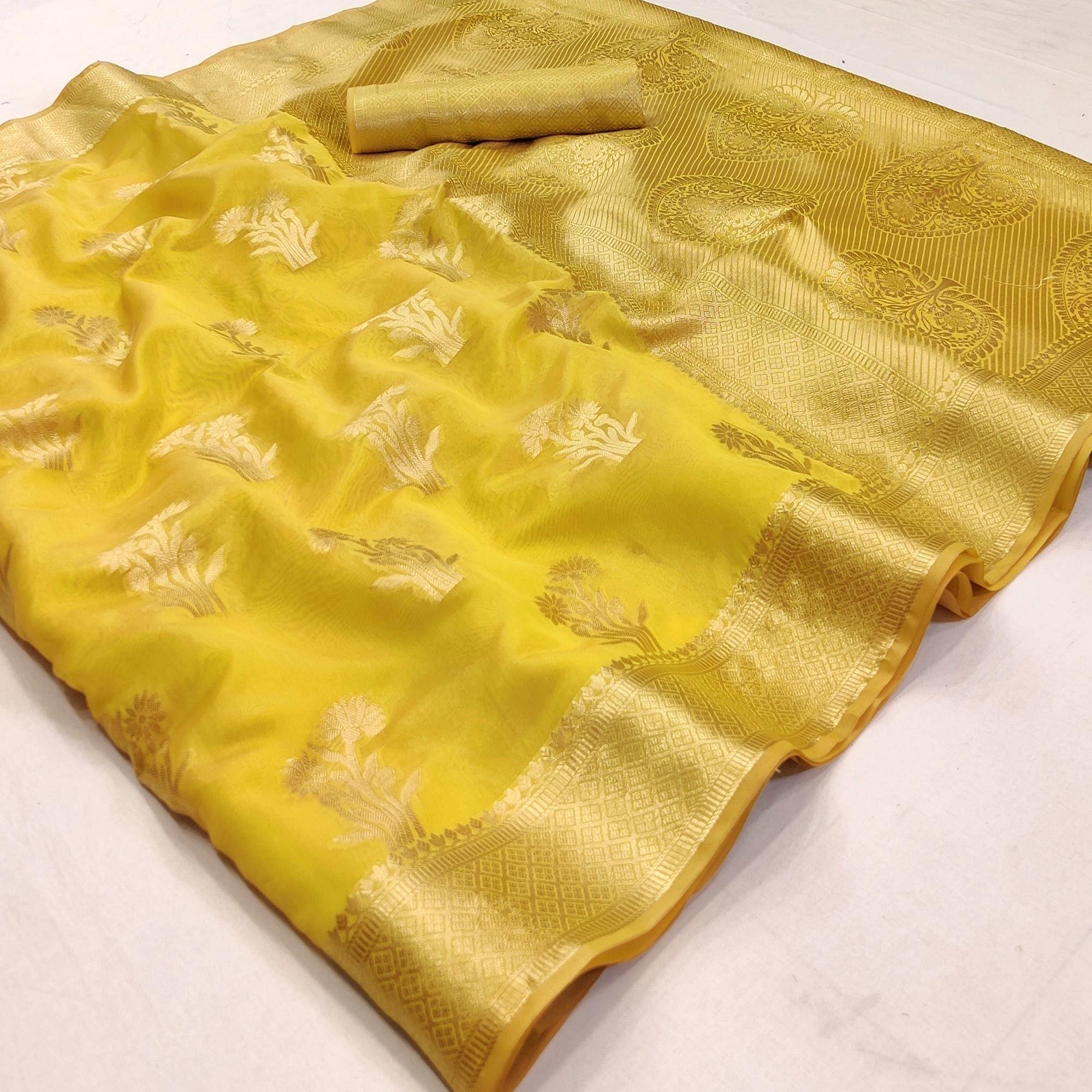 Yellow Festive Wear Woven Organza Saree - Peachmode