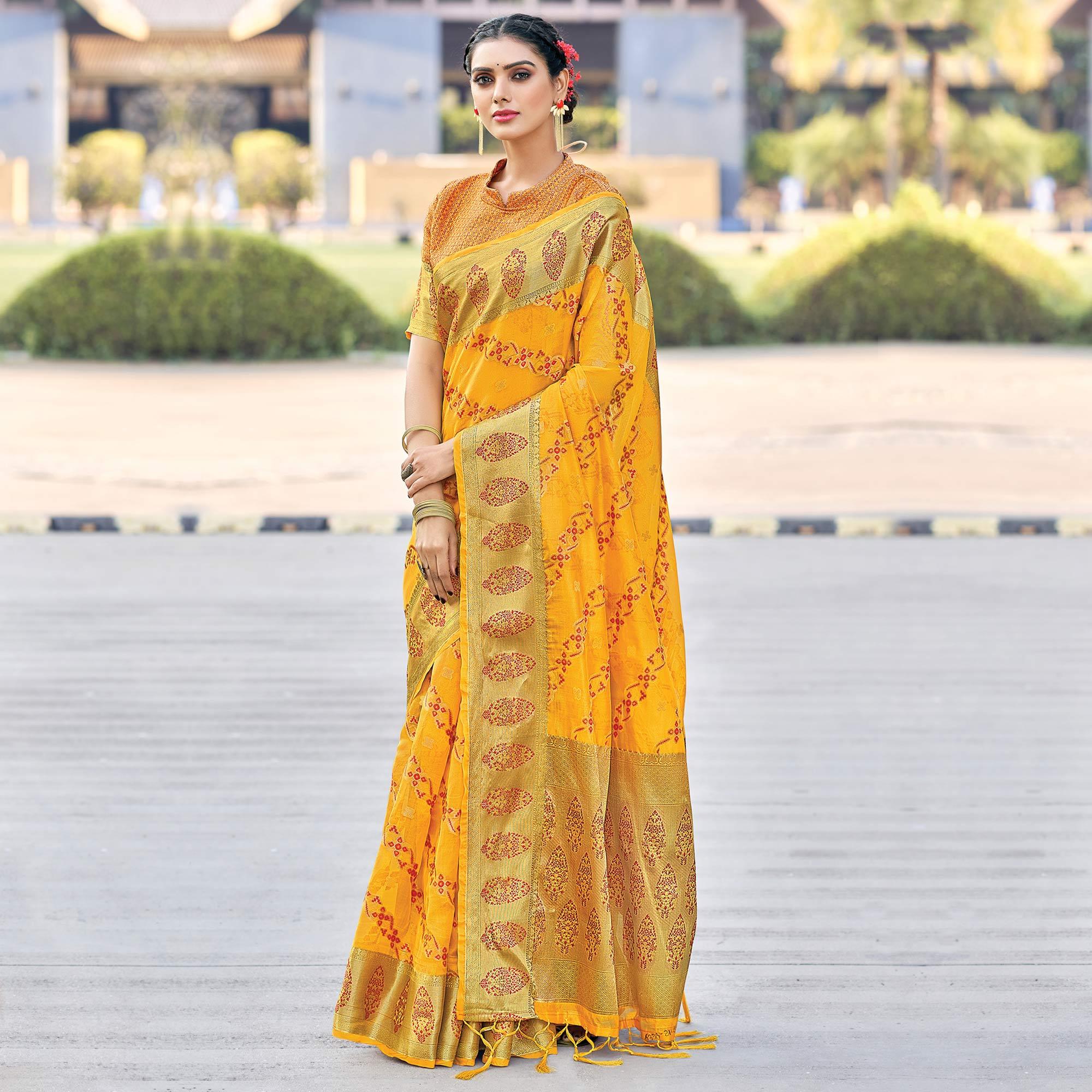 Yellow Festive Wear Woven Organza Saree - Peachmode