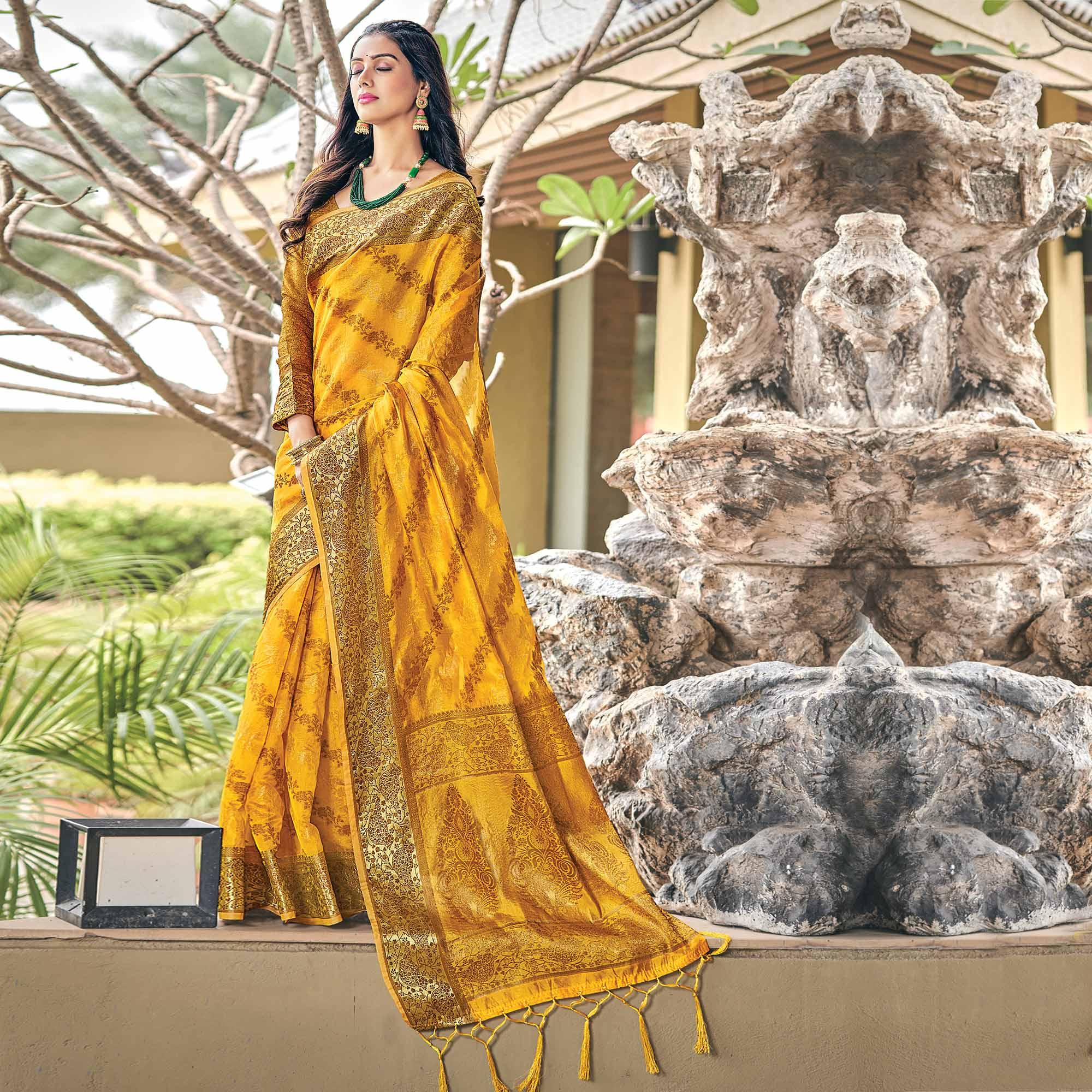 Yellow Festive Wear Woven Organza Saree - Peachmode