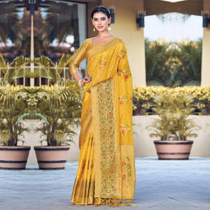 Yellow Festive Wear Woven Organza Saree - Peachmode
