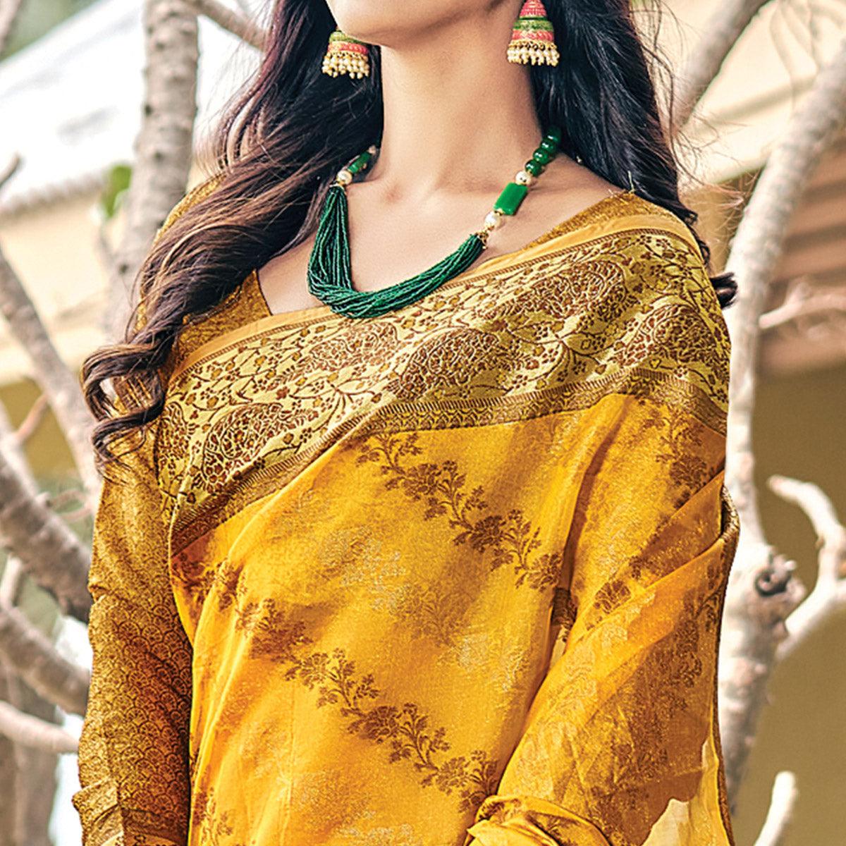 Yellow Festive Wear Woven Organza Saree - Peachmode