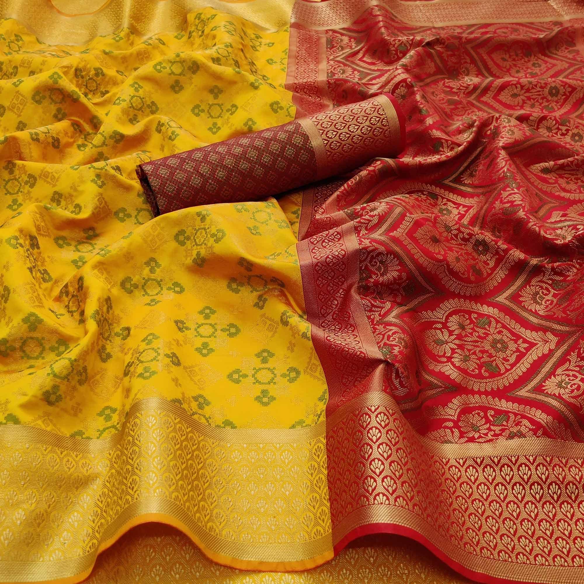 Yellow Festive Wear Woven Patola Silk Saree - Peachmode