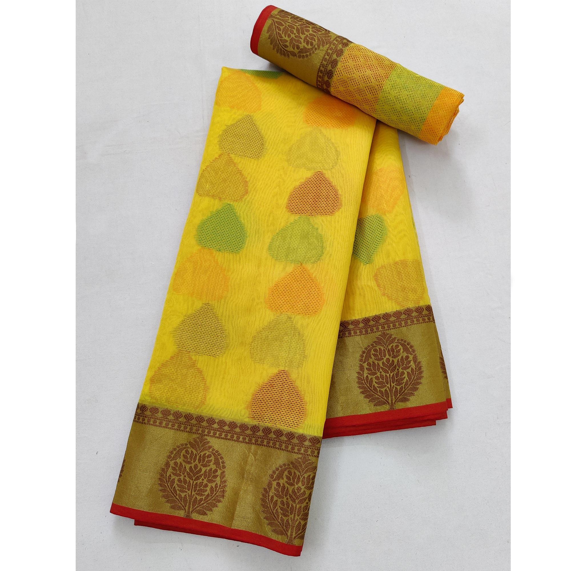 Yellow Festive Wear Woven Rich Pallu Organza Saree - Peachmode