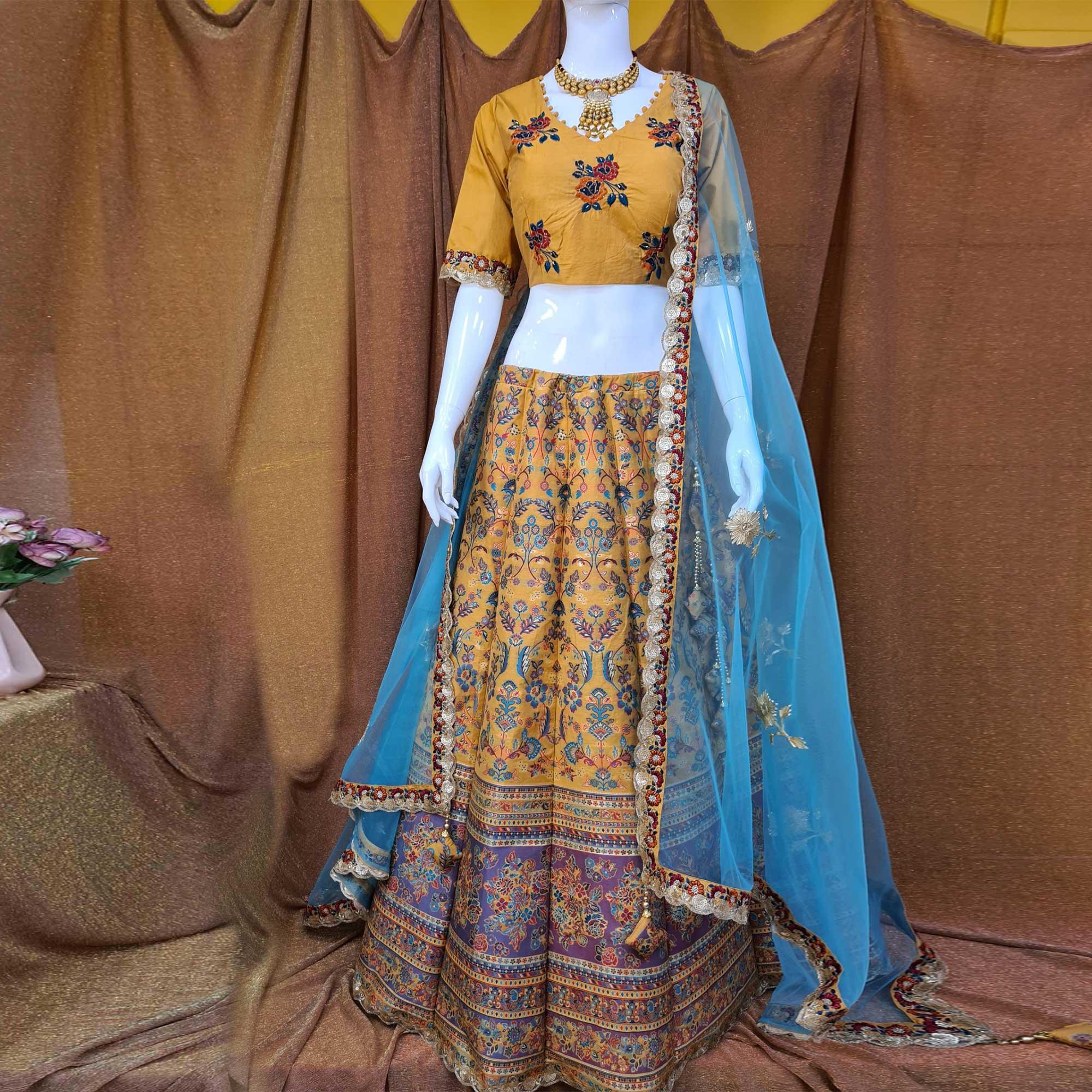 Yellow Festive Wear Woven Silk Lehenga Choli - Peachmode