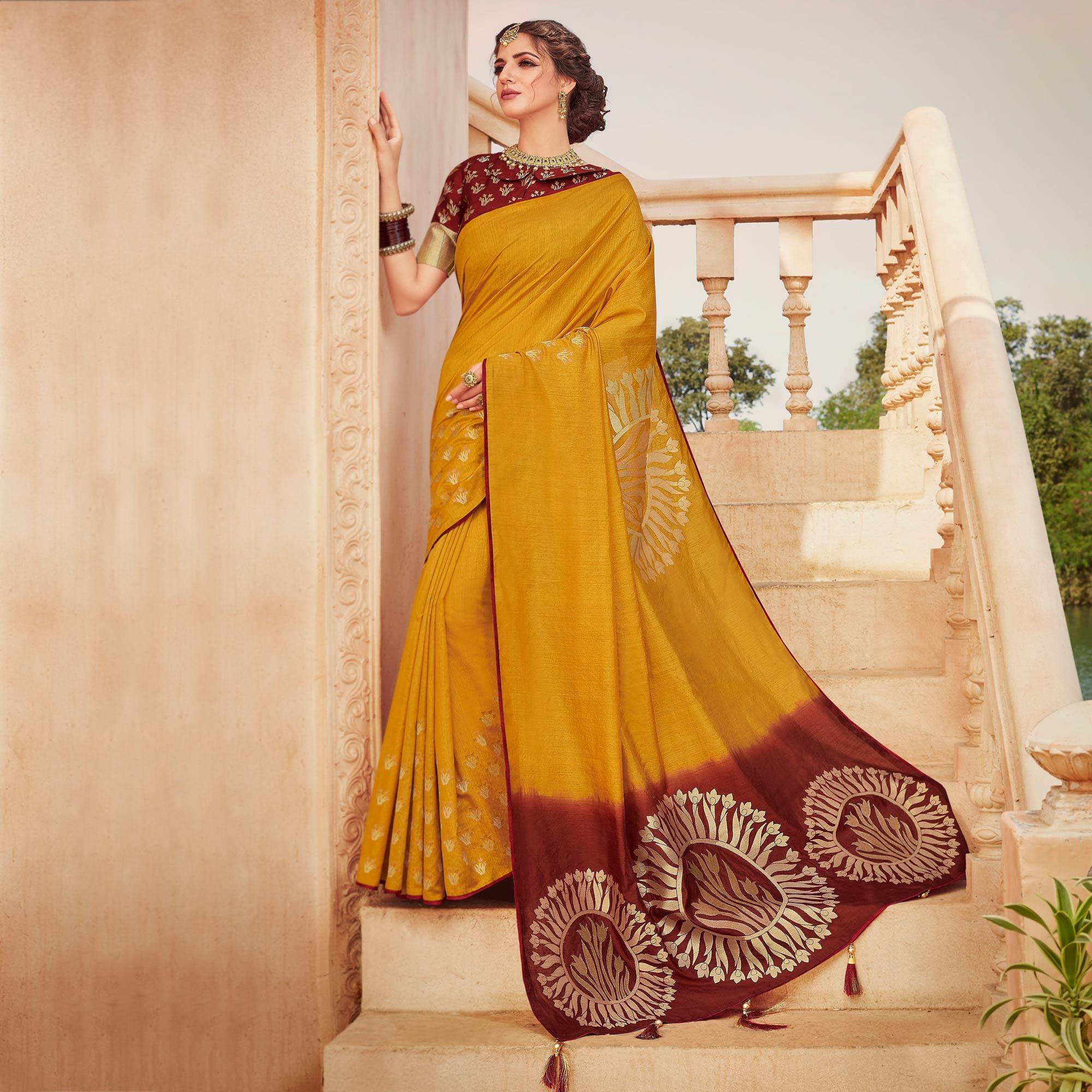 Yellow Festive Wear Woven Silk Saree - Peachmode