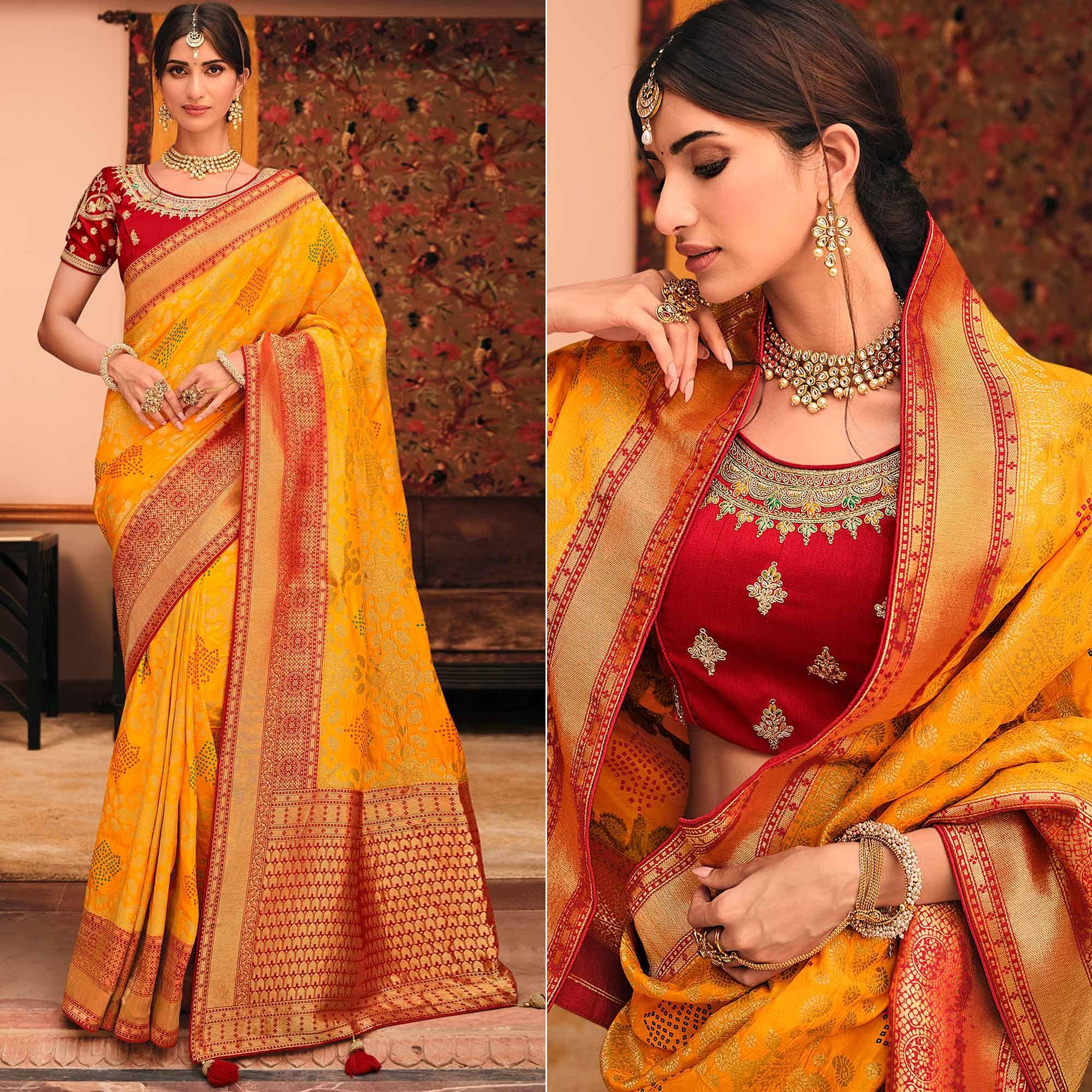 Yellow Festive Wear Woven Silk Saree - Peachmode