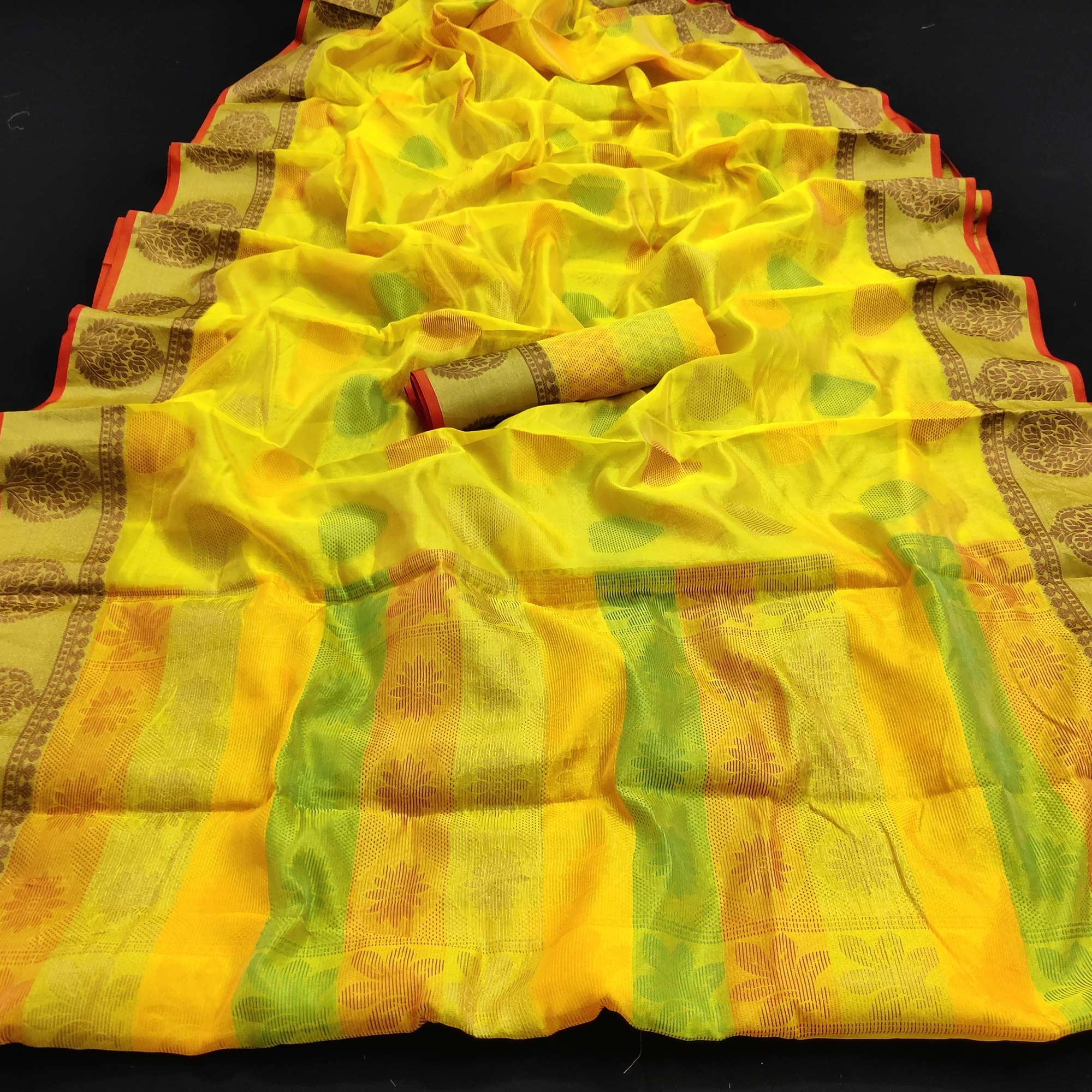 Yellow Festive Wear Woven Silk Saree - Peachmode