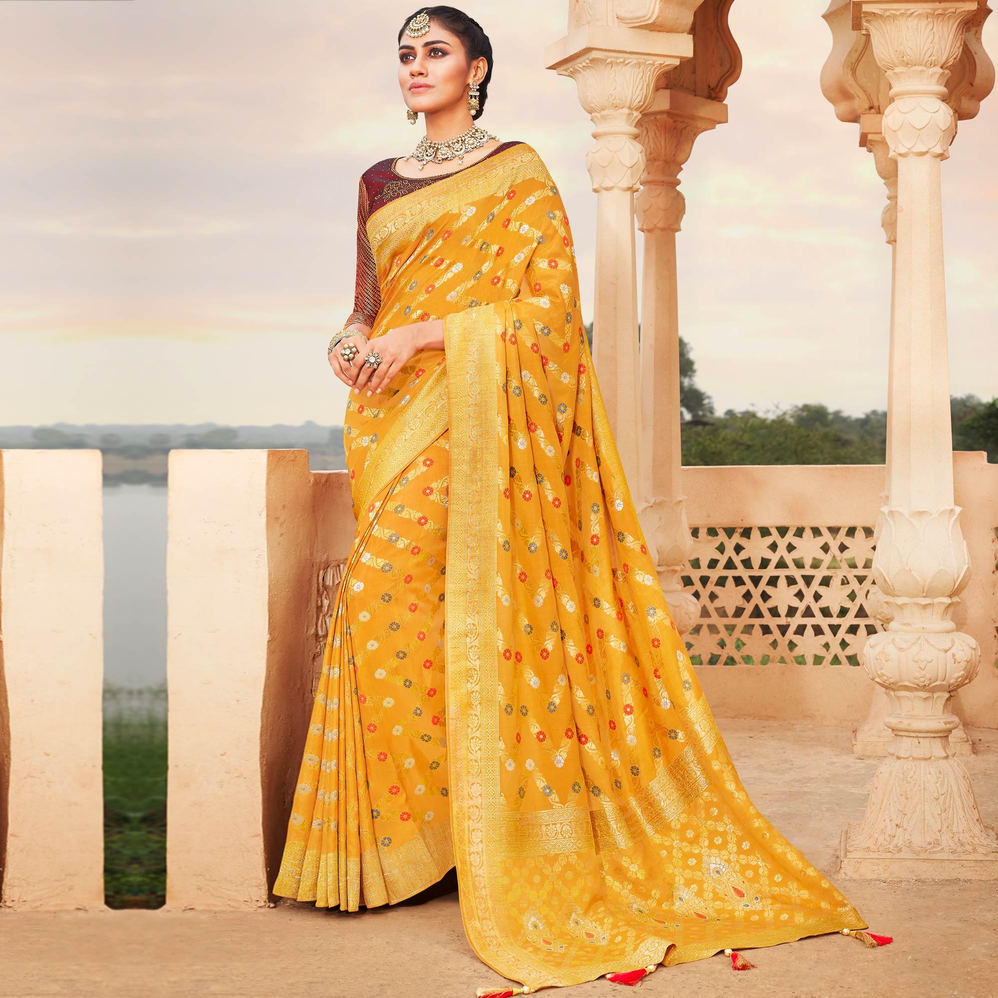 Yellow Festive Wear Woven Silk Saree - Peachmode