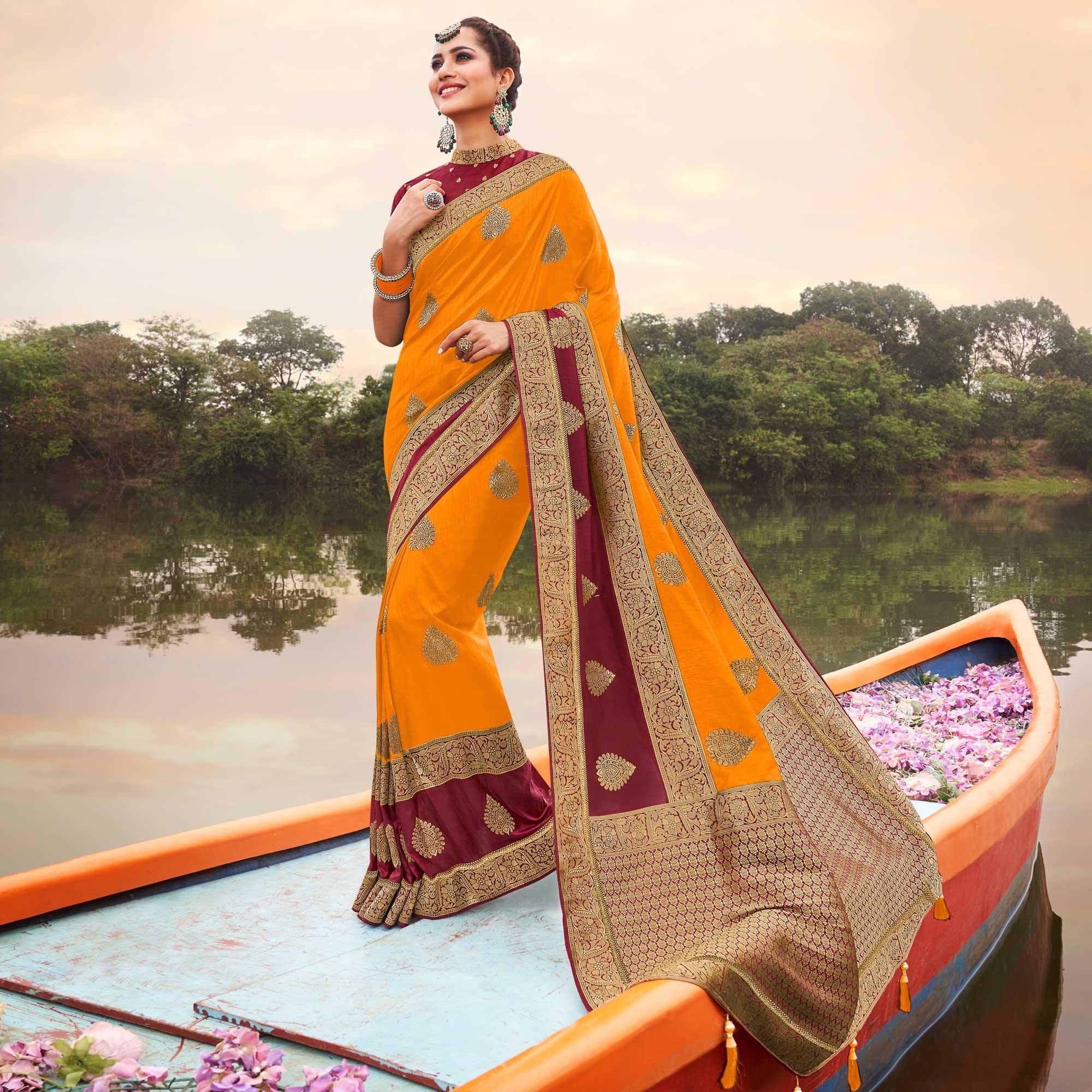 Yellow Festive Wear Woven Silk Saree - Peachmode