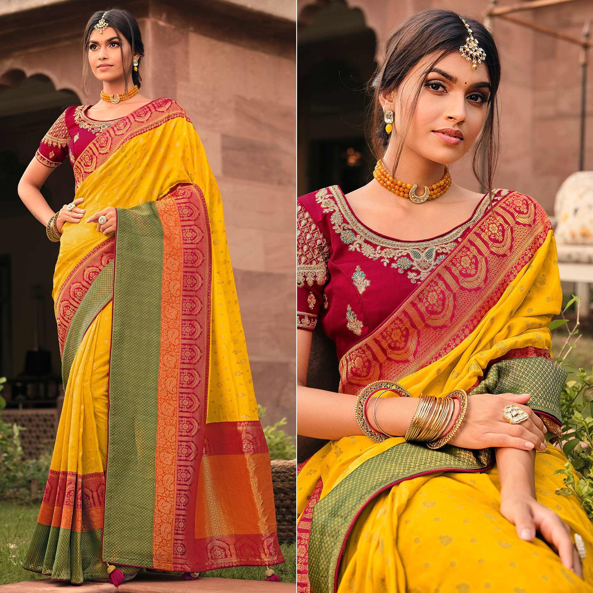 Yellow Festive Wear Woven Silk Saree - Peachmode