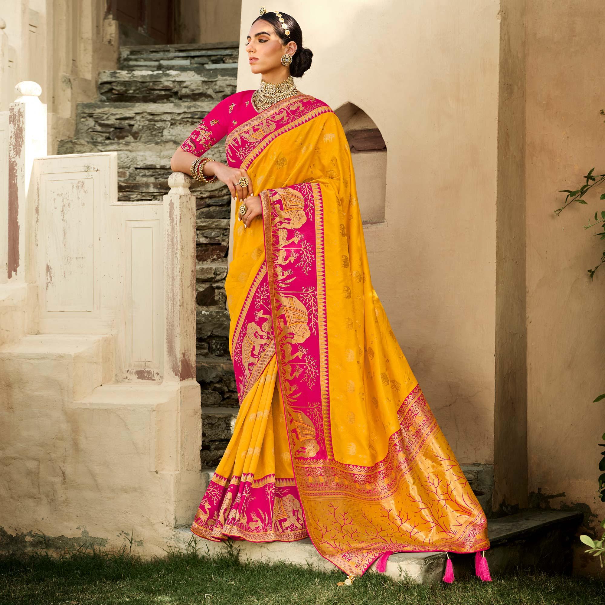 Yellow Festive Wear Woven Silk Saree - Peachmode