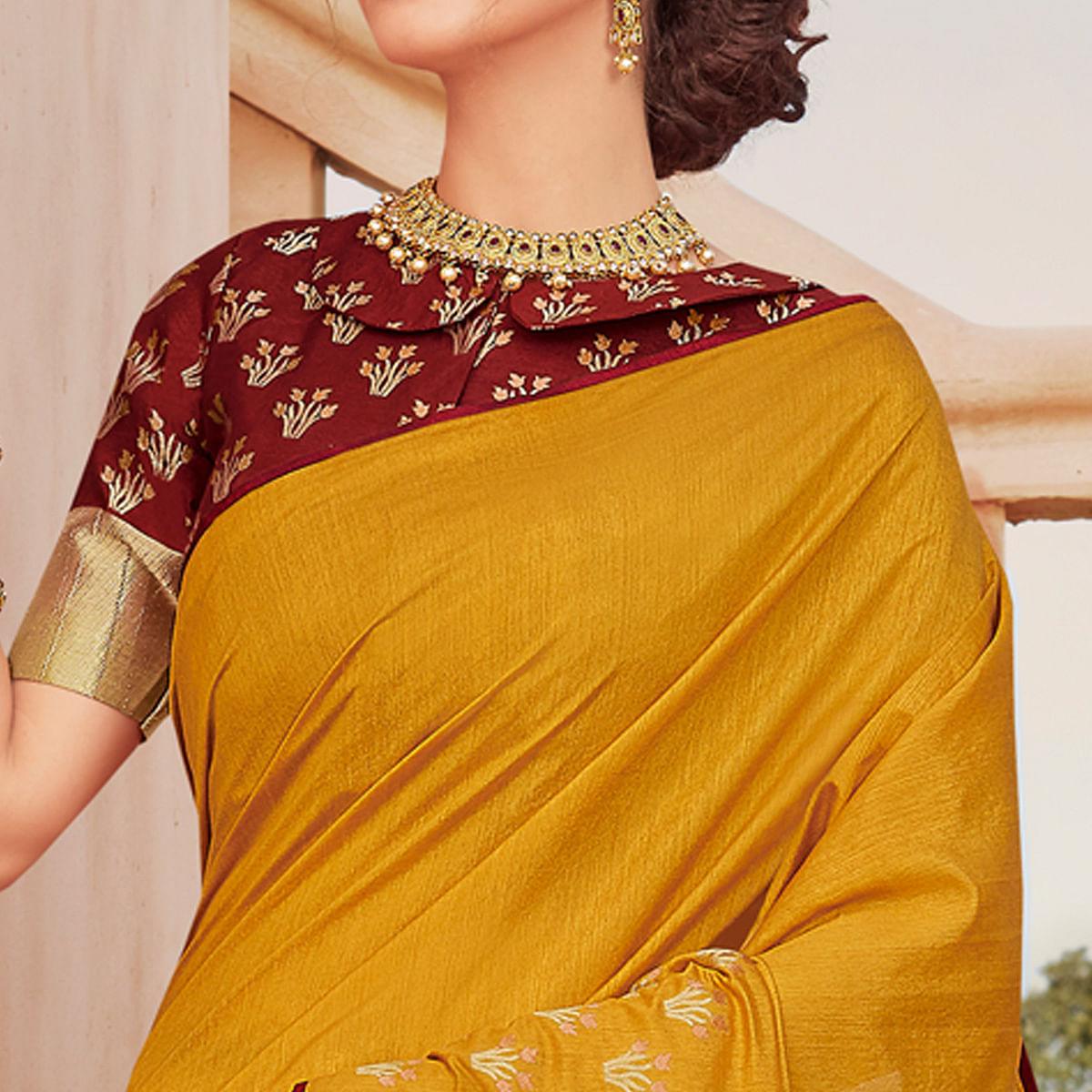 Yellow Festive Wear Woven Silk Saree - Peachmode