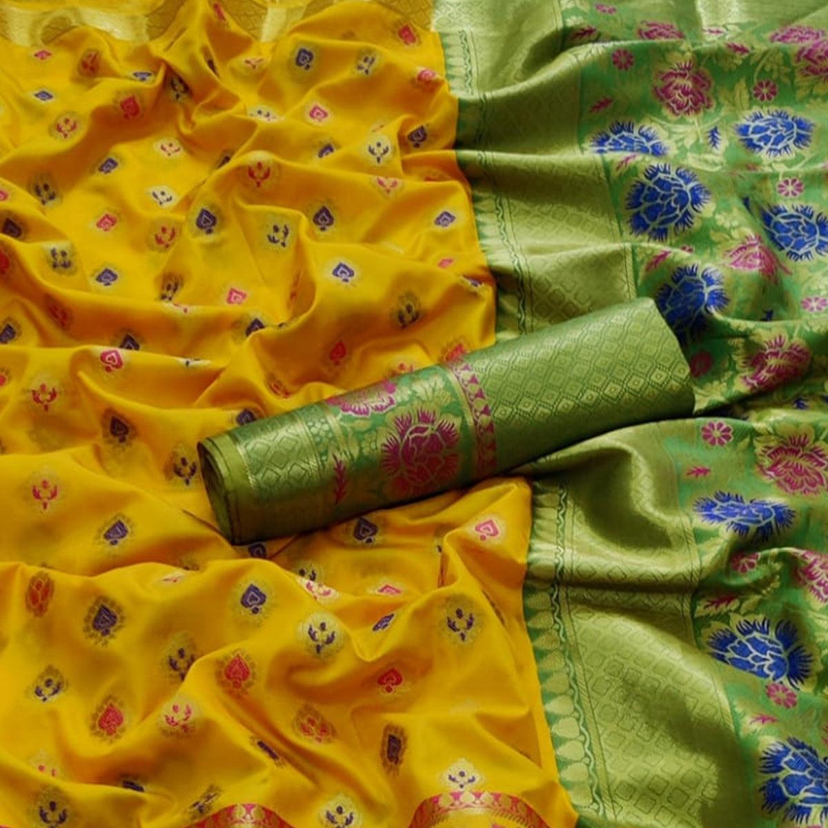 Yellow Festive Wear Woven Silk Saree - Peachmode