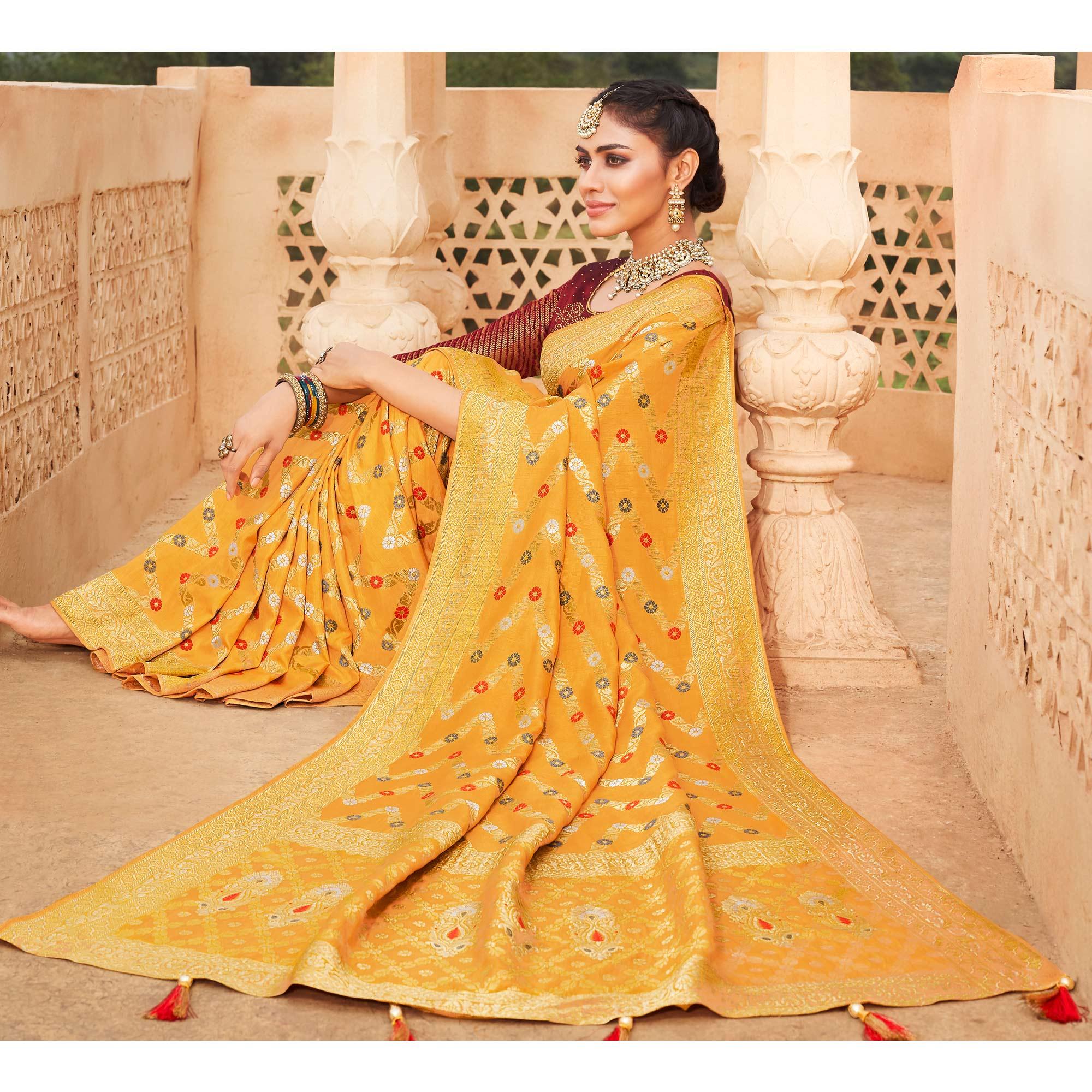 Yellow Festive Wear Woven Silk Saree - Peachmode