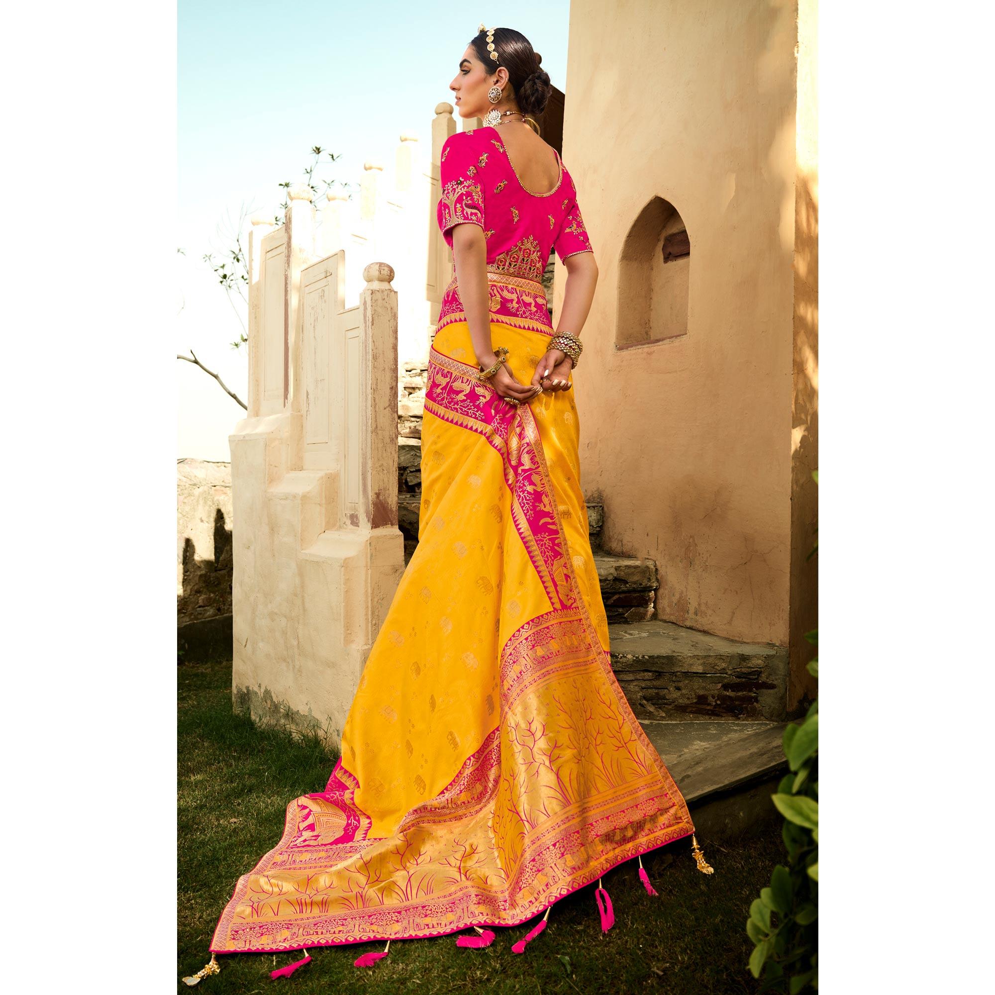 Yellow Festive Wear Woven Silk Saree - Peachmode