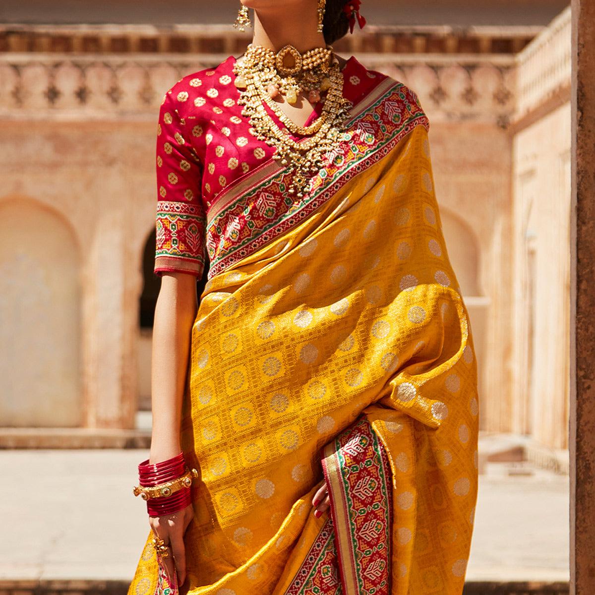 Yellow Festive Wear Woven Silk Saree - Peachmode
