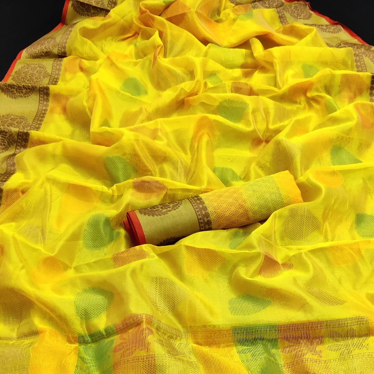 Yellow Festive Wear Woven Silk Saree - Peachmode