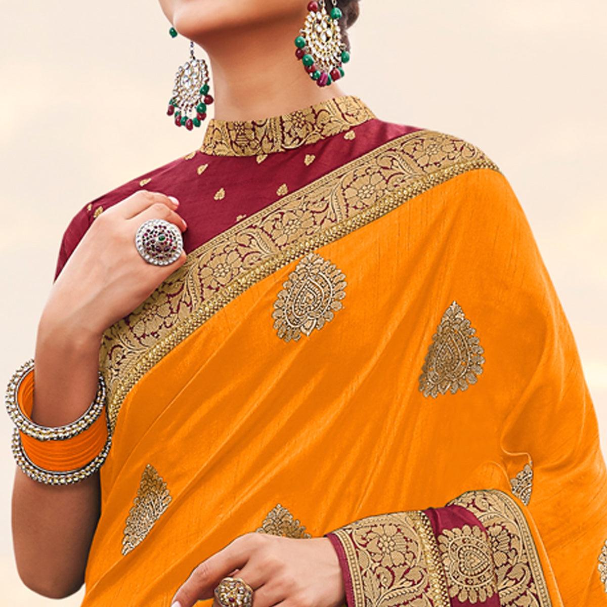 Yellow Festive Wear Woven Silk Saree - Peachmode