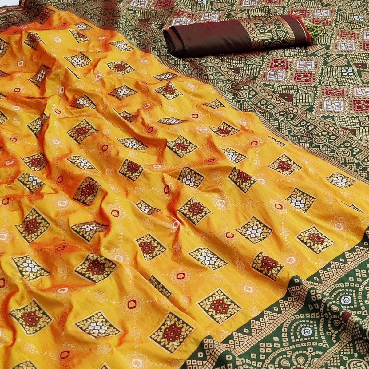 Yellow Festive Wear Woven Silk Saree - Peachmode