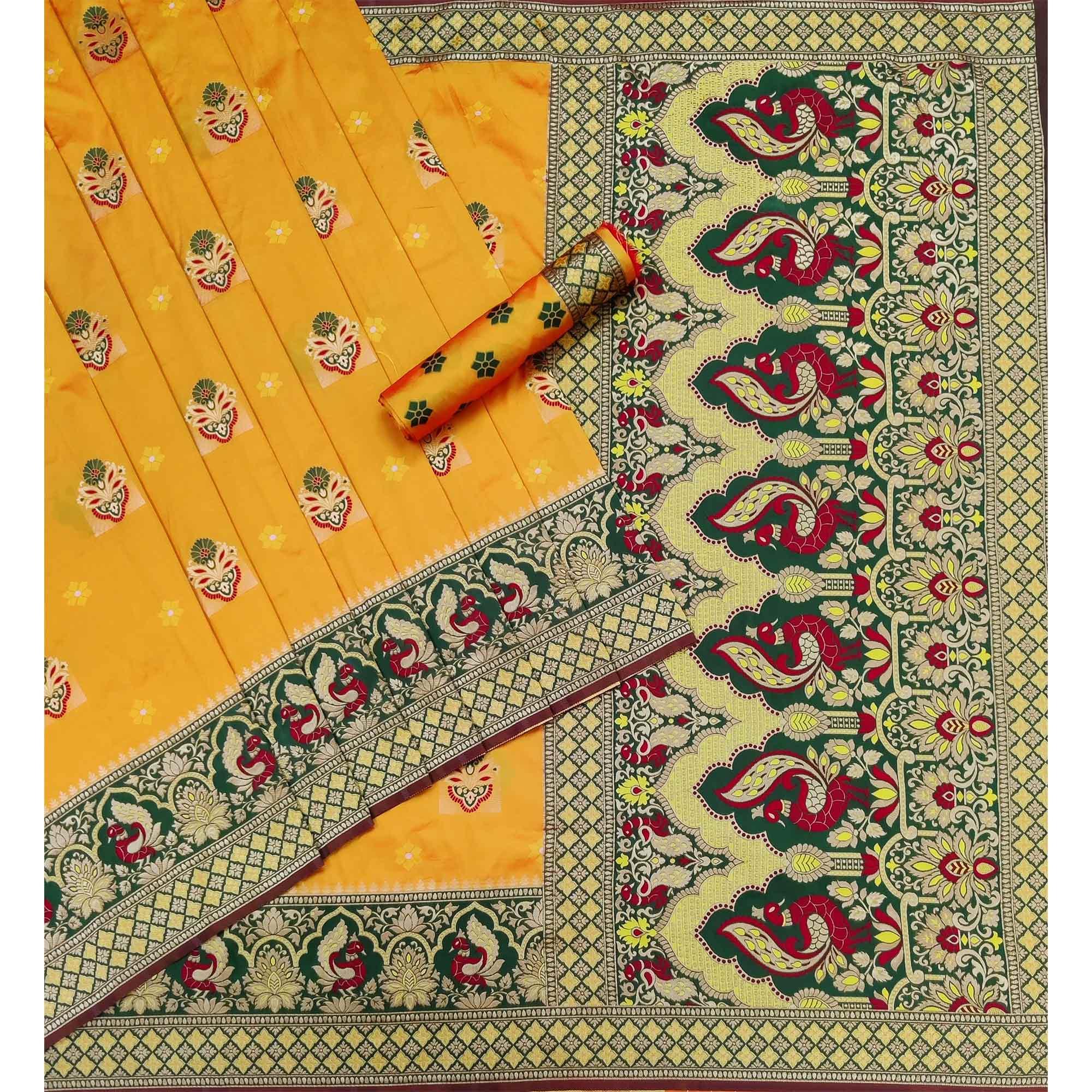 Yellow Festive Wear Woven Silk Saree - Peachmode