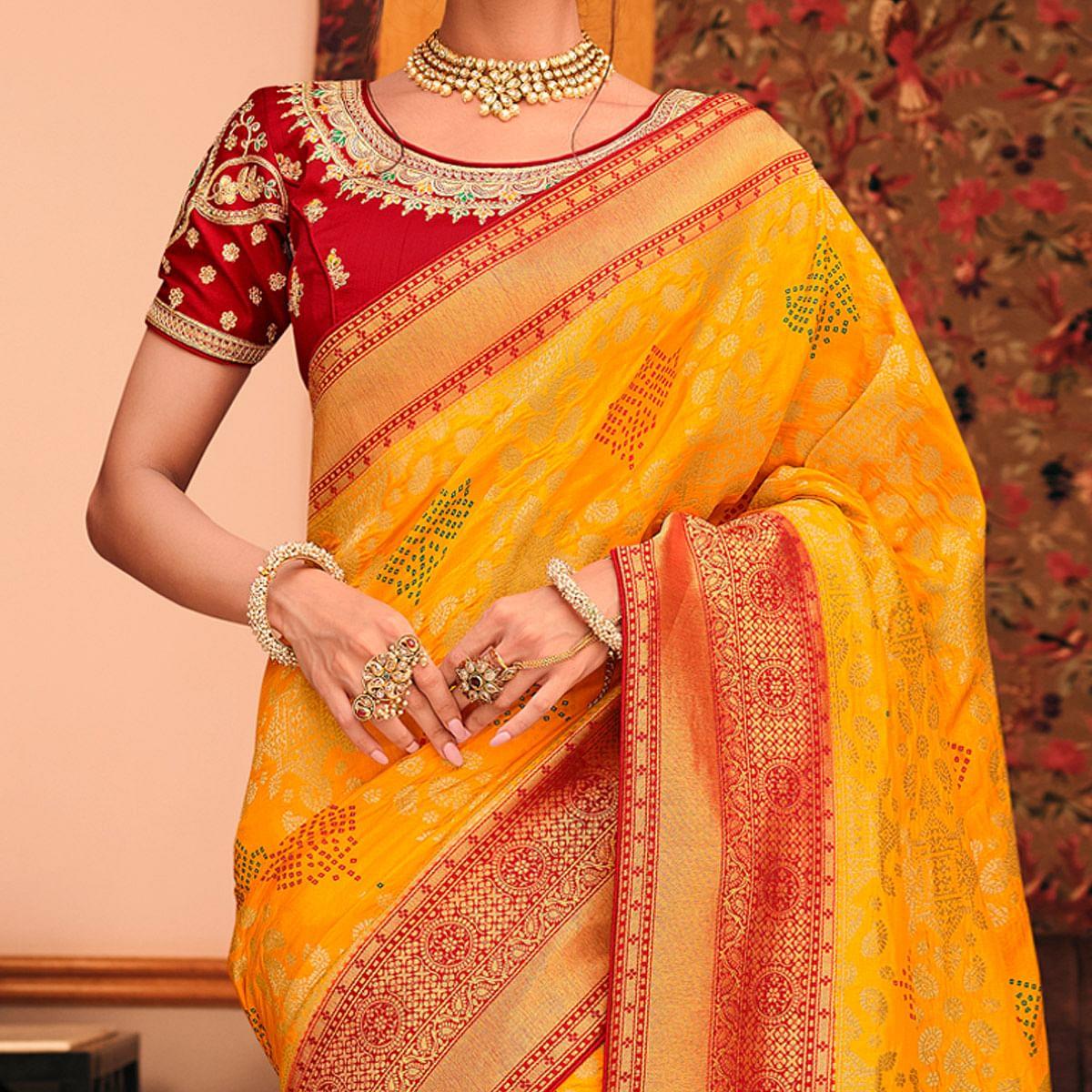 Yellow Festive Wear Woven Silk Saree - Peachmode